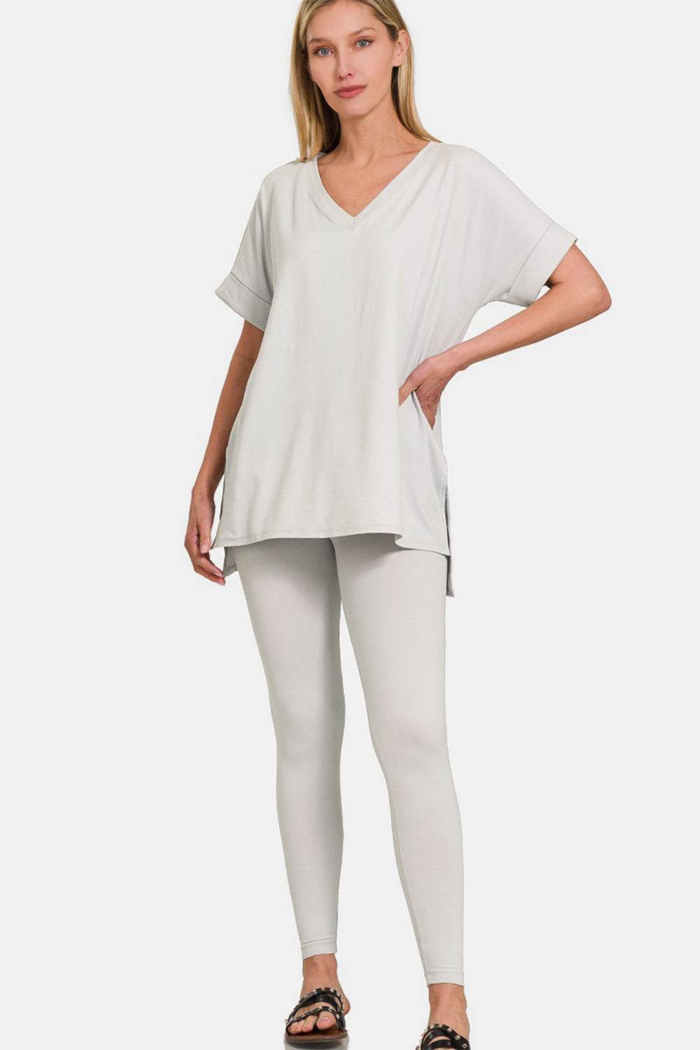 Zenana V-Neck Rolled Short Sleeve T-Shirt and Leggings Lounge Set - DaTrendStore.Com