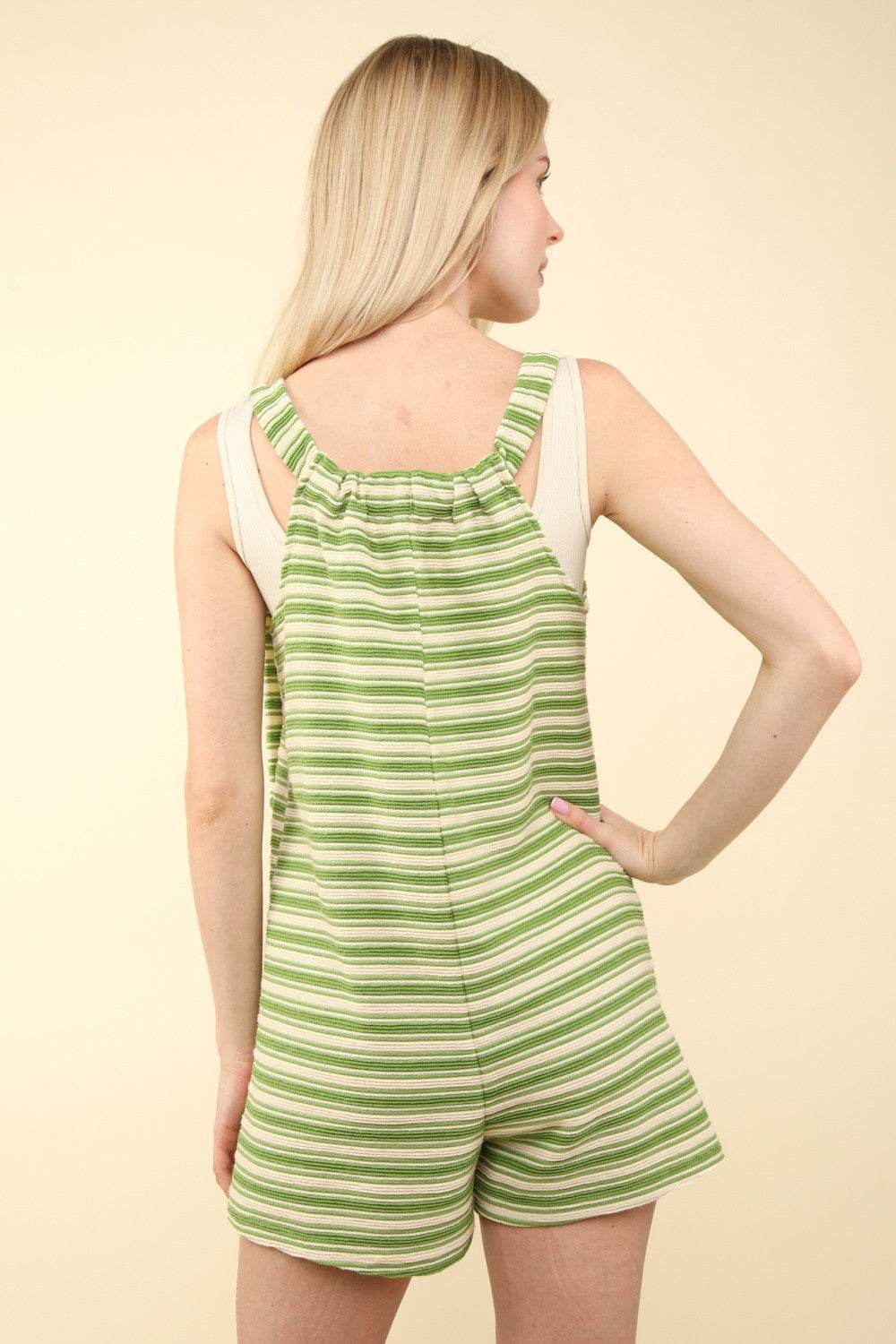 VERY J Tie Shoulder Front Pocket Striped Contrast Romper - DaTrendStore.Com