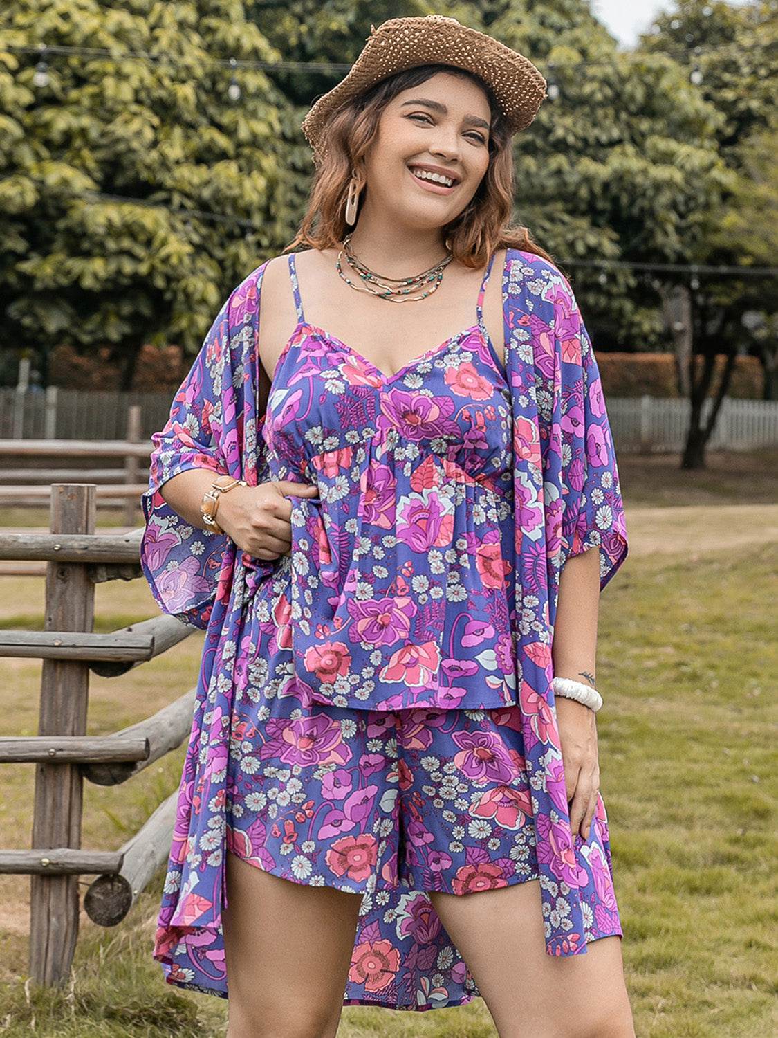 Plus Size Printed Cami, Open Front Cover Up and Shorts Set - DaTrendStore.Com