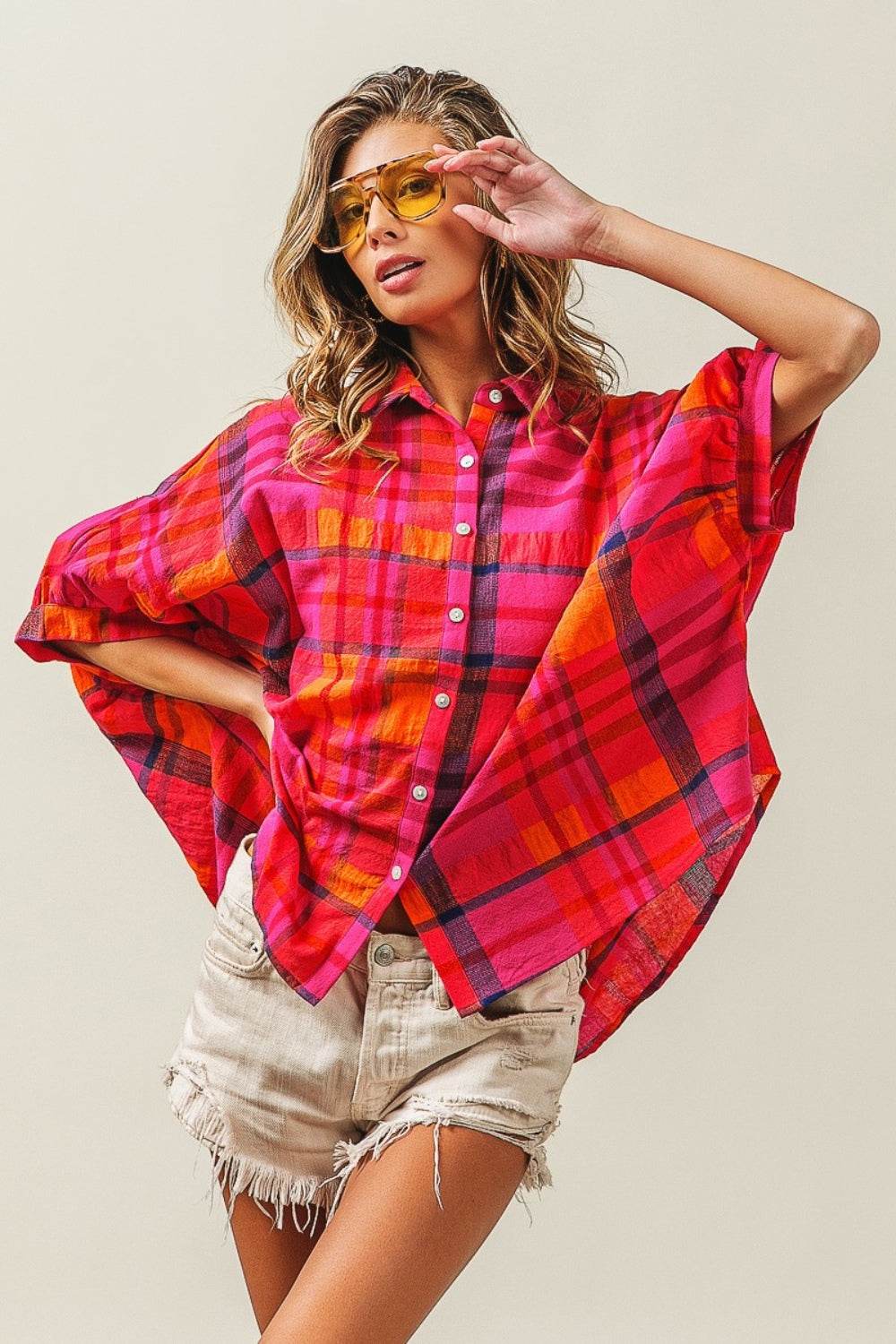 BiBi Button Up Dolman Sleeve Plaid Shirt - DaTrendStore.Com