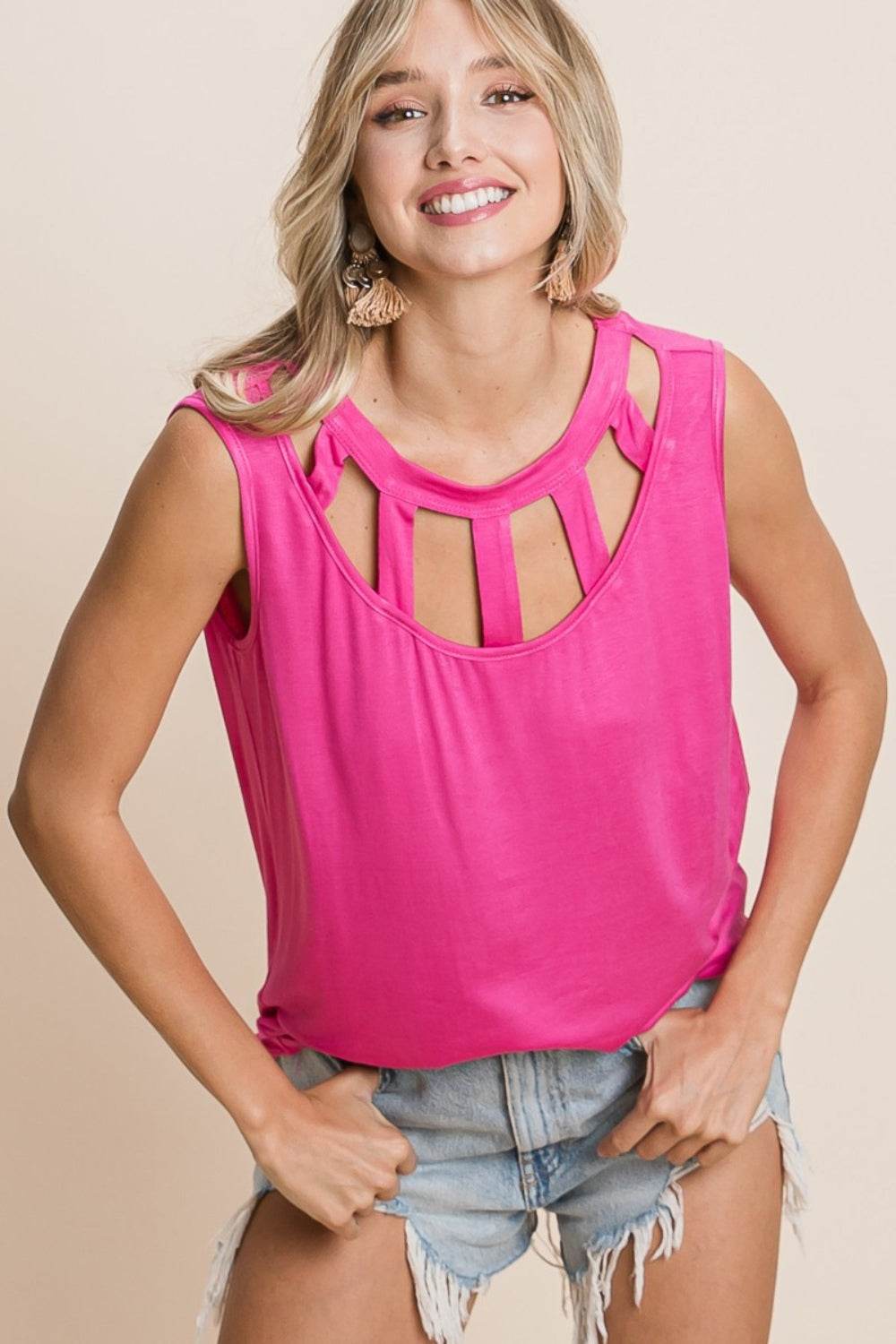 BiBi Cutout Round Neck Sleeveless Top - DaTrendStore.Com