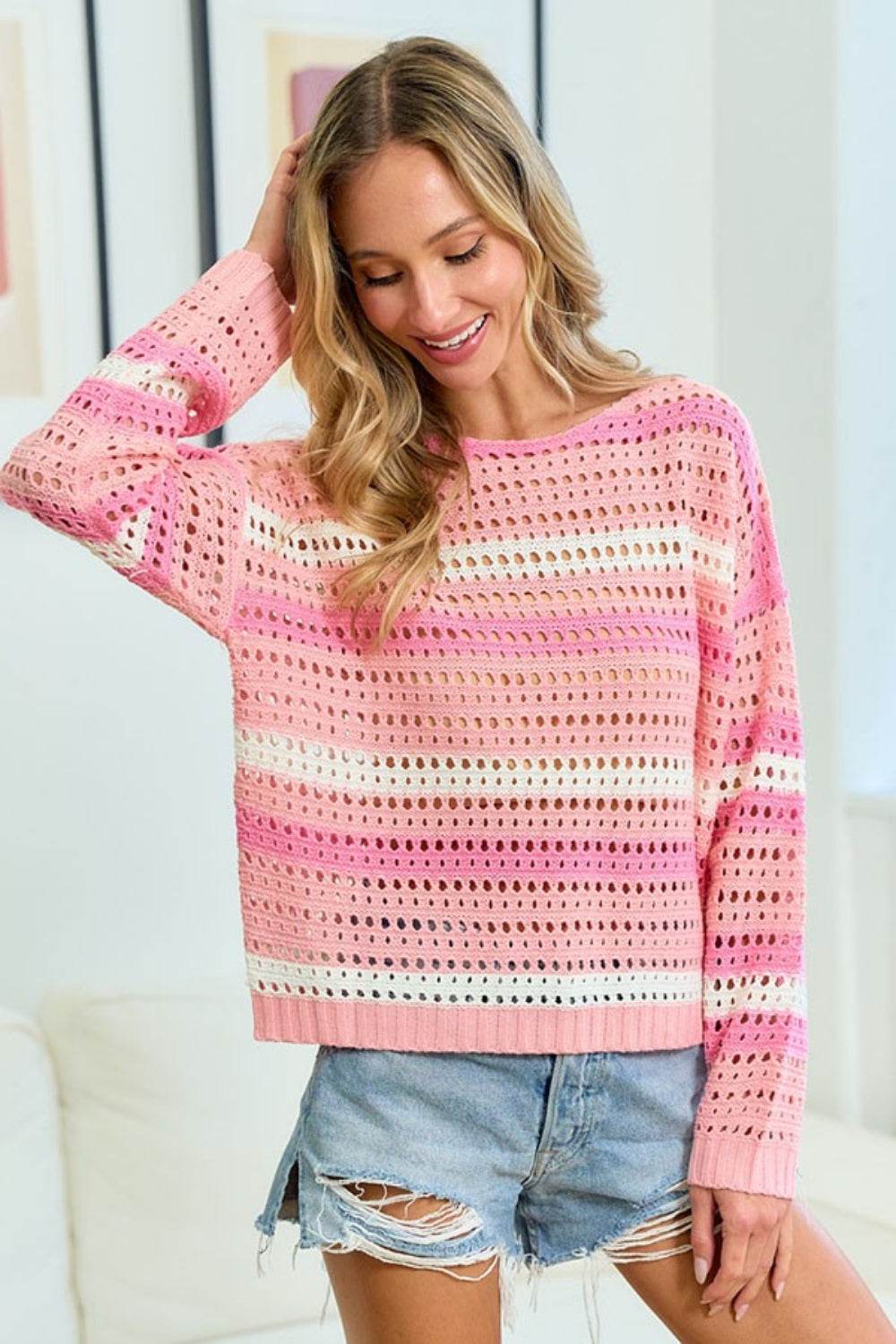 First Love Striped Long Sleeve Openwork Knit Top - DaTrendStore.Com