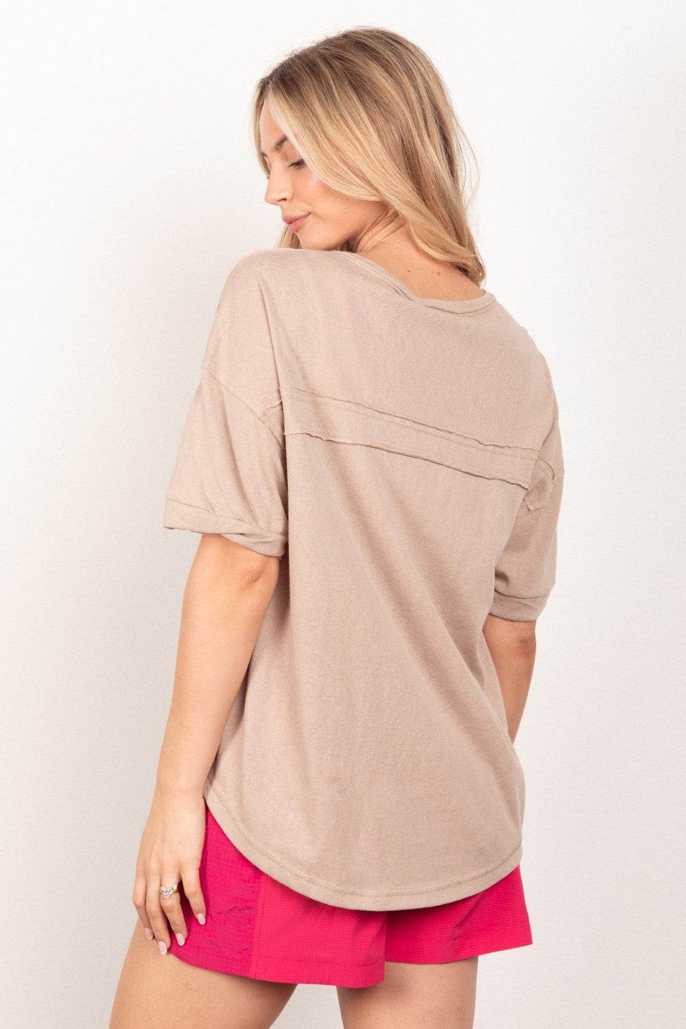 VERY J Twisted Sleeve Band Half Button Top - DaTrendStore.Com