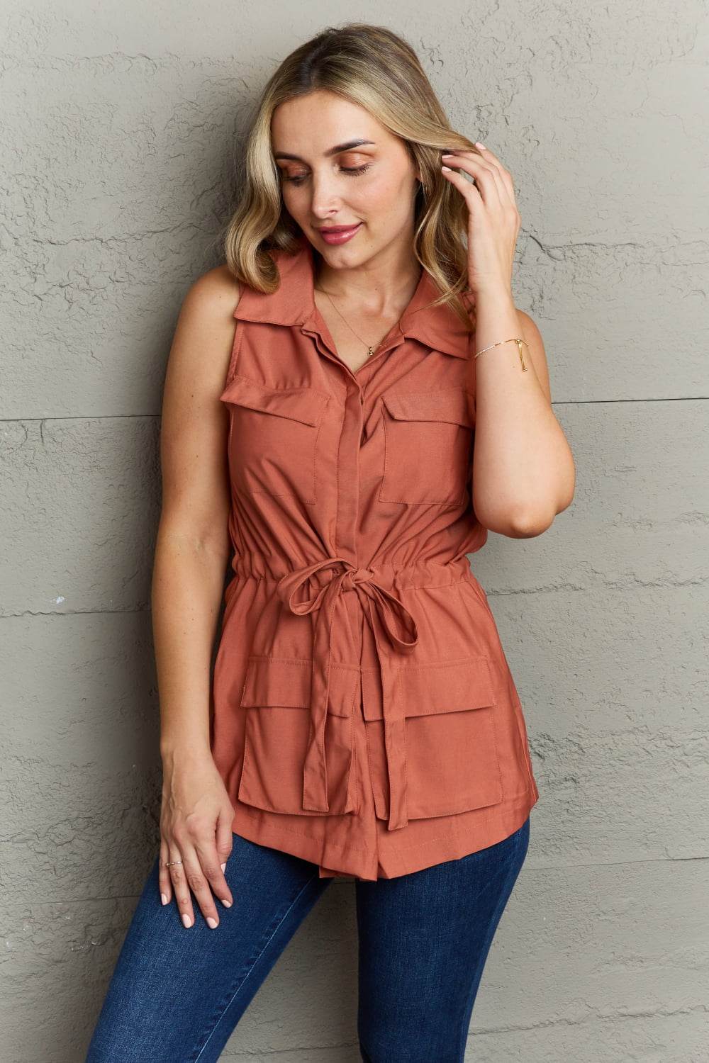 Ninexis Follow The Light Sleeveless Collared Button Down Top - DaTrendStore.Com