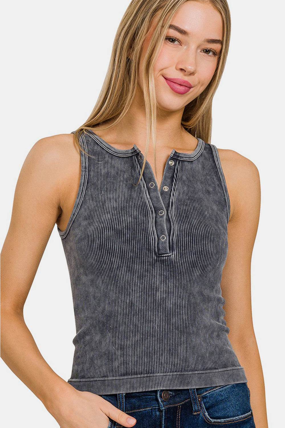 Zenana Washed Ribbed Half Snap Seamless Tank - DaTrendStore.Com