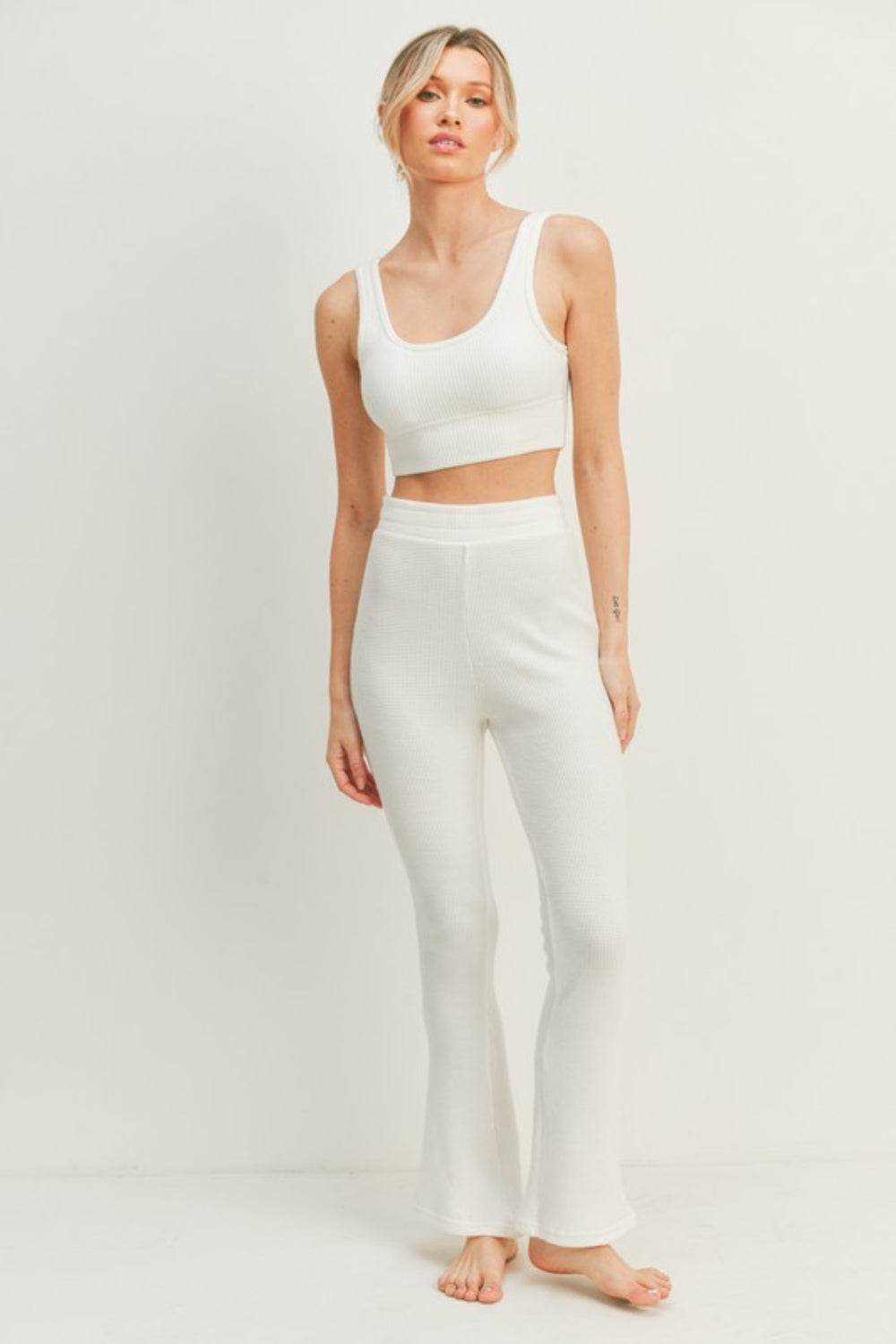 Kimberly C Waffle Tank and High Waist Flare Pants Set - DaTrendStore.Com
