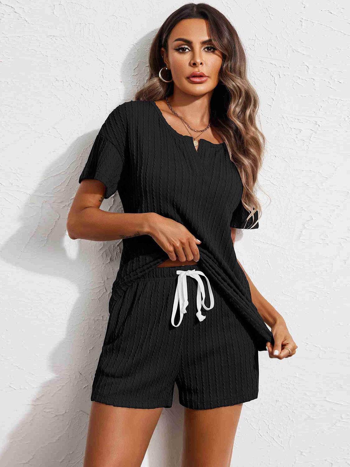 Notched Short Sleeve Top and Shorts Set - DaTrendStore.Com