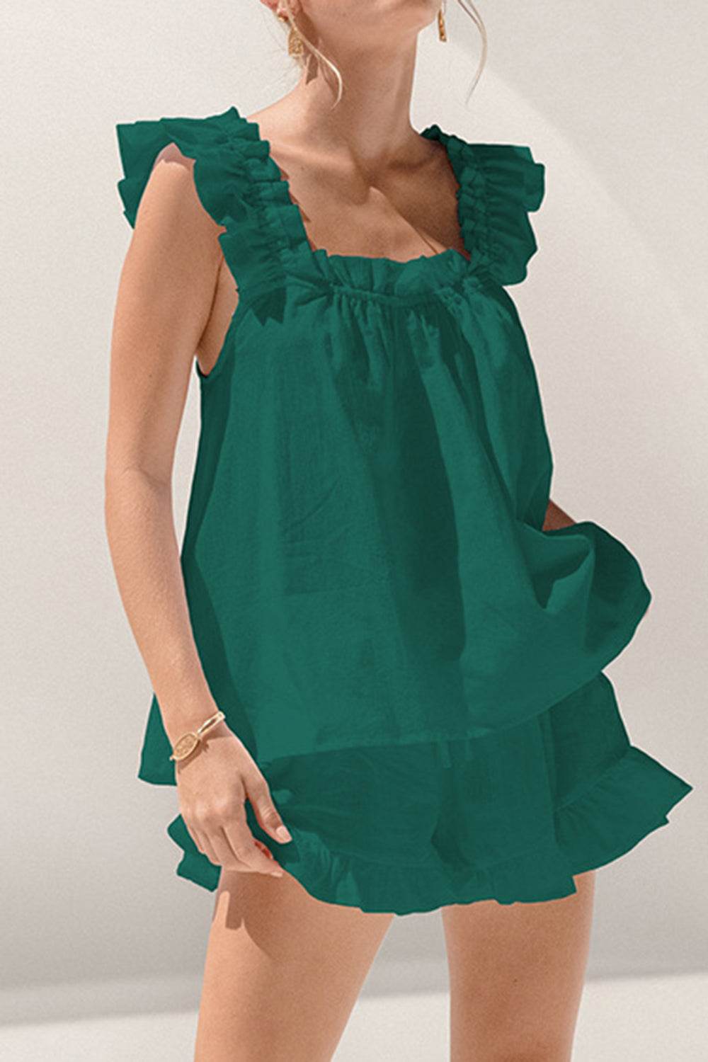 Ruffled Square Neck Top and Shorts Set - DaTrendStore.Com