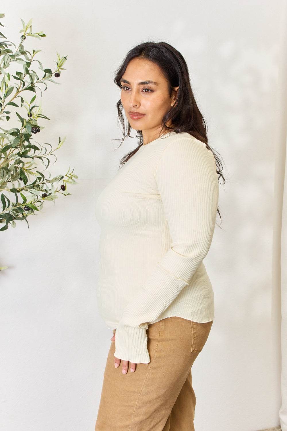 Culture Code Full Size Ribbed Round Neck Long Sleeve Top - DaTrendStore.Com