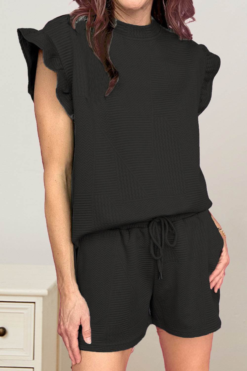 Slit Round Neck Top and Drawstring Shorts Set - DaTrendStore.Com