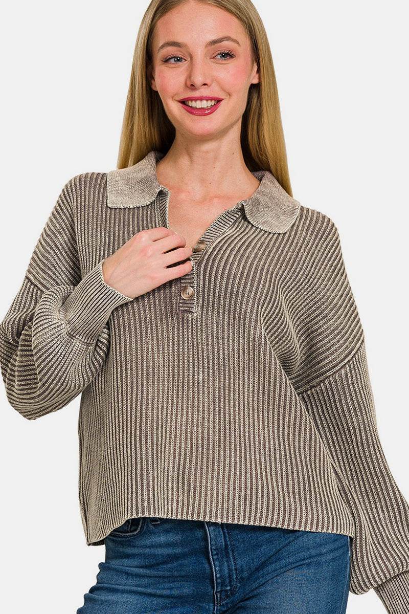 Zenana Washed Half Button Long Sleeve Sweater - DaTrendStore.Com