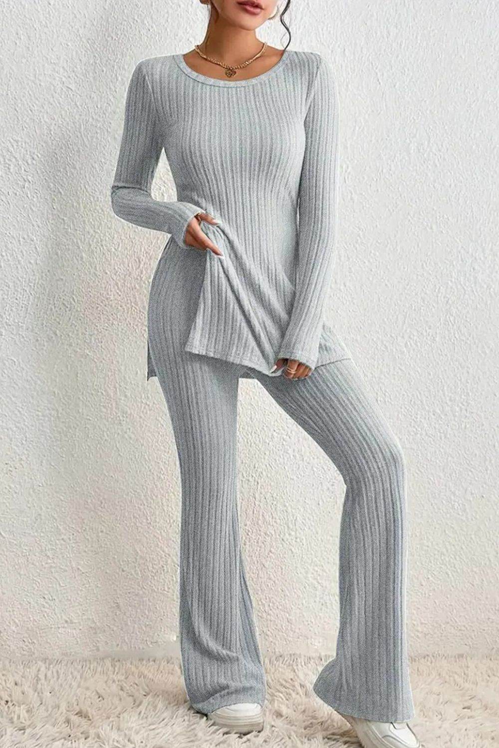 Ribbed Long Sleeve Slit Top and Bootcut Pants Set - DaTrendStore.Com