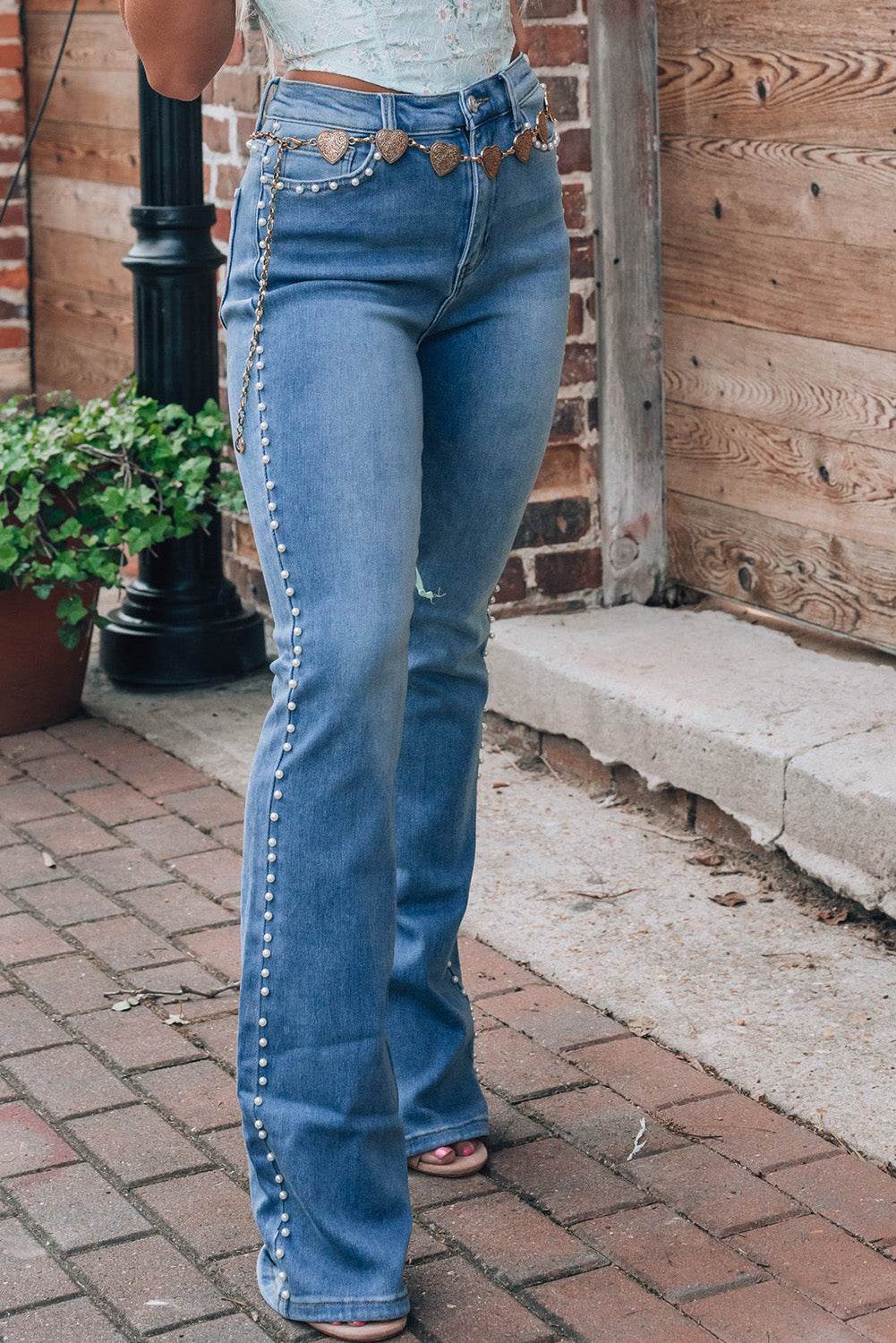 Pearl Trim High Waist Bootcut Jeans - DaTrendStore.Com