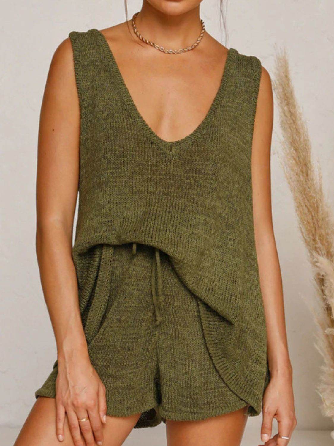 V-Neck Sleeveless Top and Drawstring Shorts Sweater Set - DaTrendStore.Com