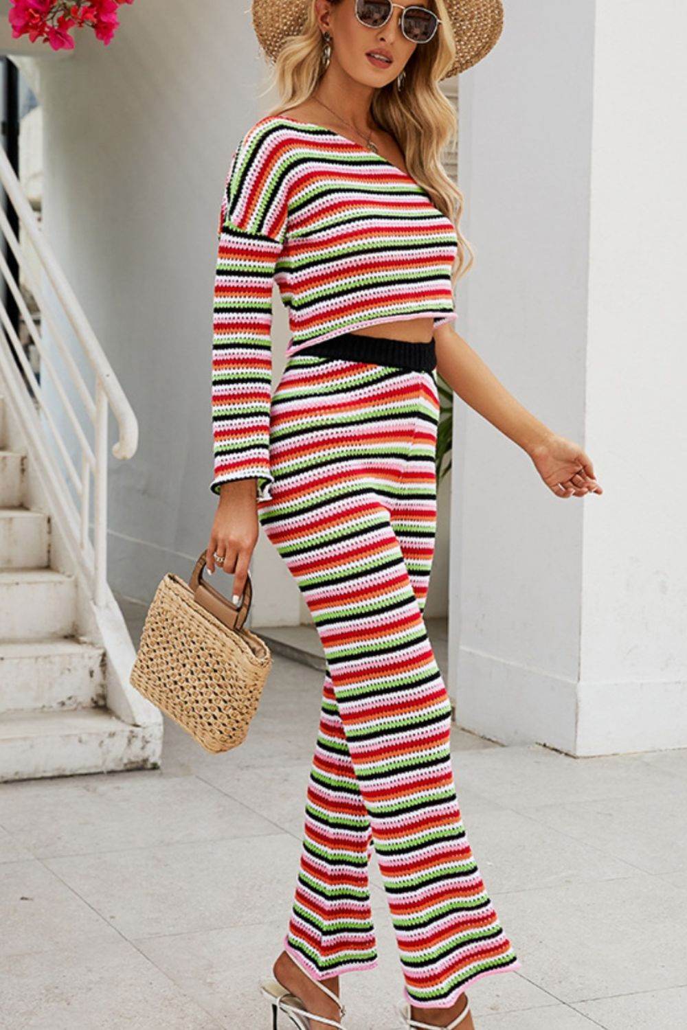 Striped Single Shoulder Top and Pants Knit Set - DaTrendStore.Com