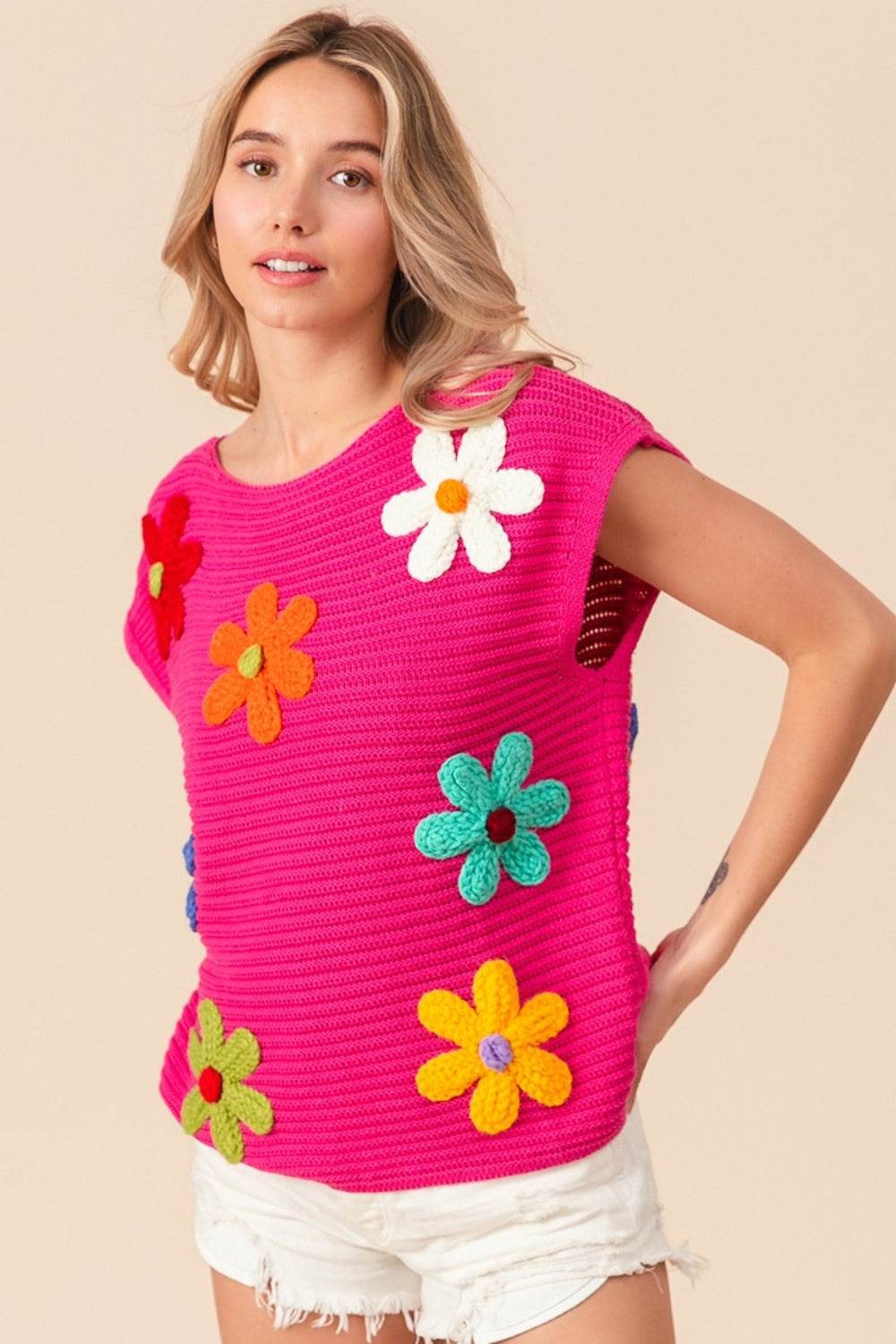 BiBi Flower Round Neck Cap Sleeve Knit Top - DaTrendStore.Com