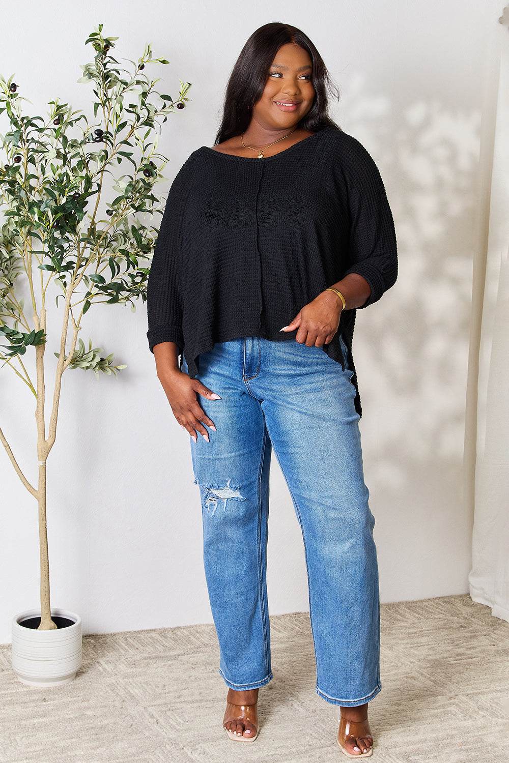 Zenana Full Size Round Neck High-Low Slit Knit Top - DaTrendStore.Com