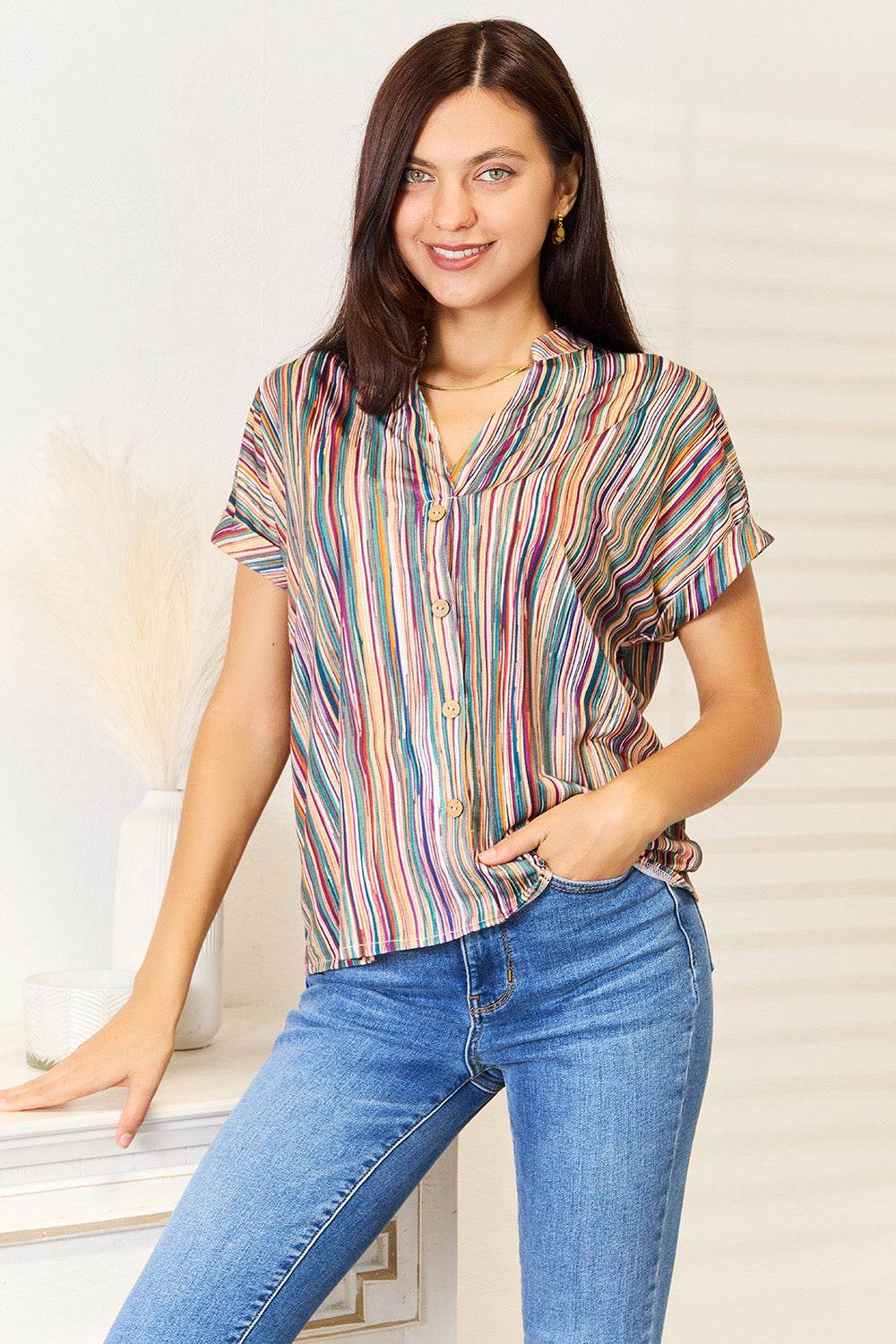 Shiny Multicolored Stripe Notched Neck Top - DaTrendStore.Com