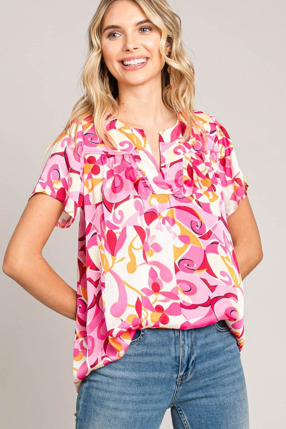 Cotton Bleu by Nu Label Abstract Print Short Sleeve Top - DaTrendStore.Com