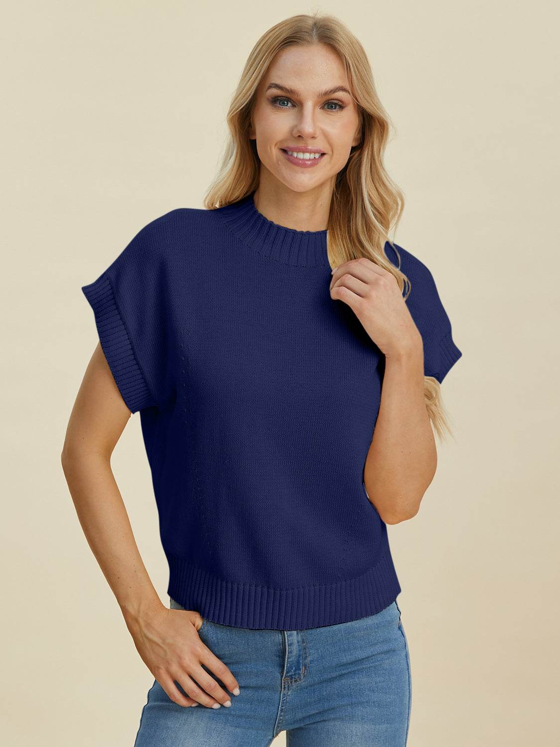 Double Take Full Size Mock Neck Short Sleeve Sweater - DaTrendStore.Com
