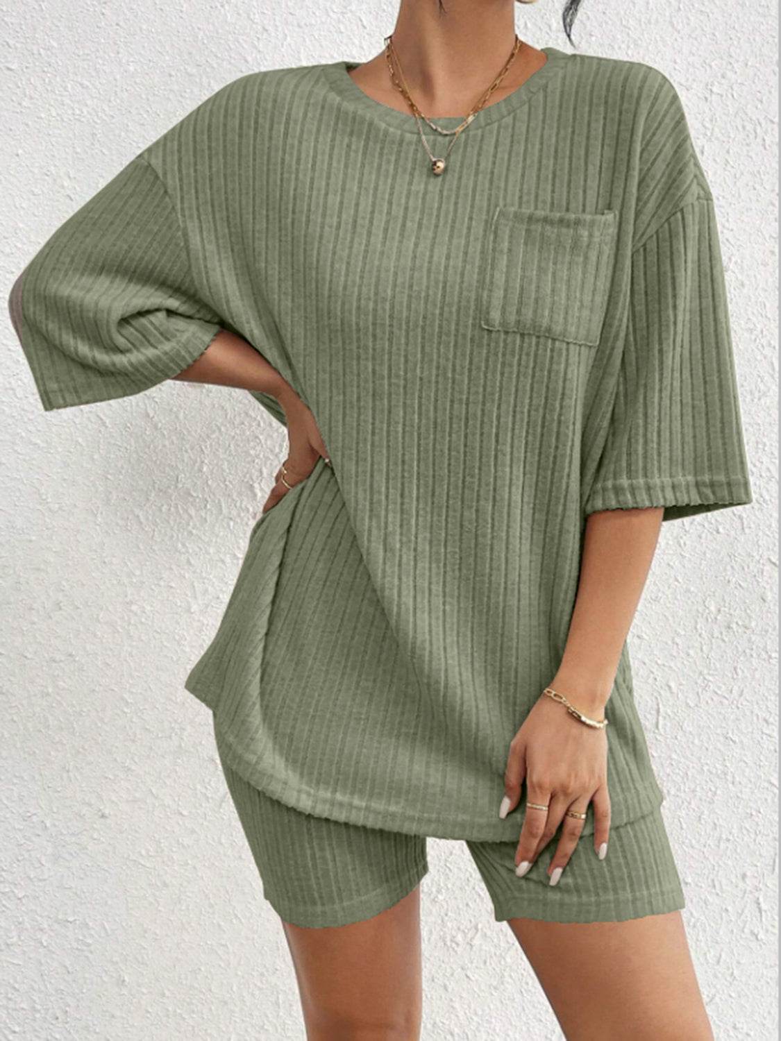 Ribbed Round Neck Top and Shorts Set - DaTrendStore.Com