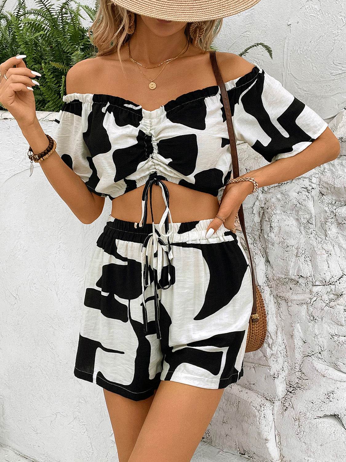 Perfee Drawstring Off-Shoulder Top and Shorts Set - DaTrendStore.Com