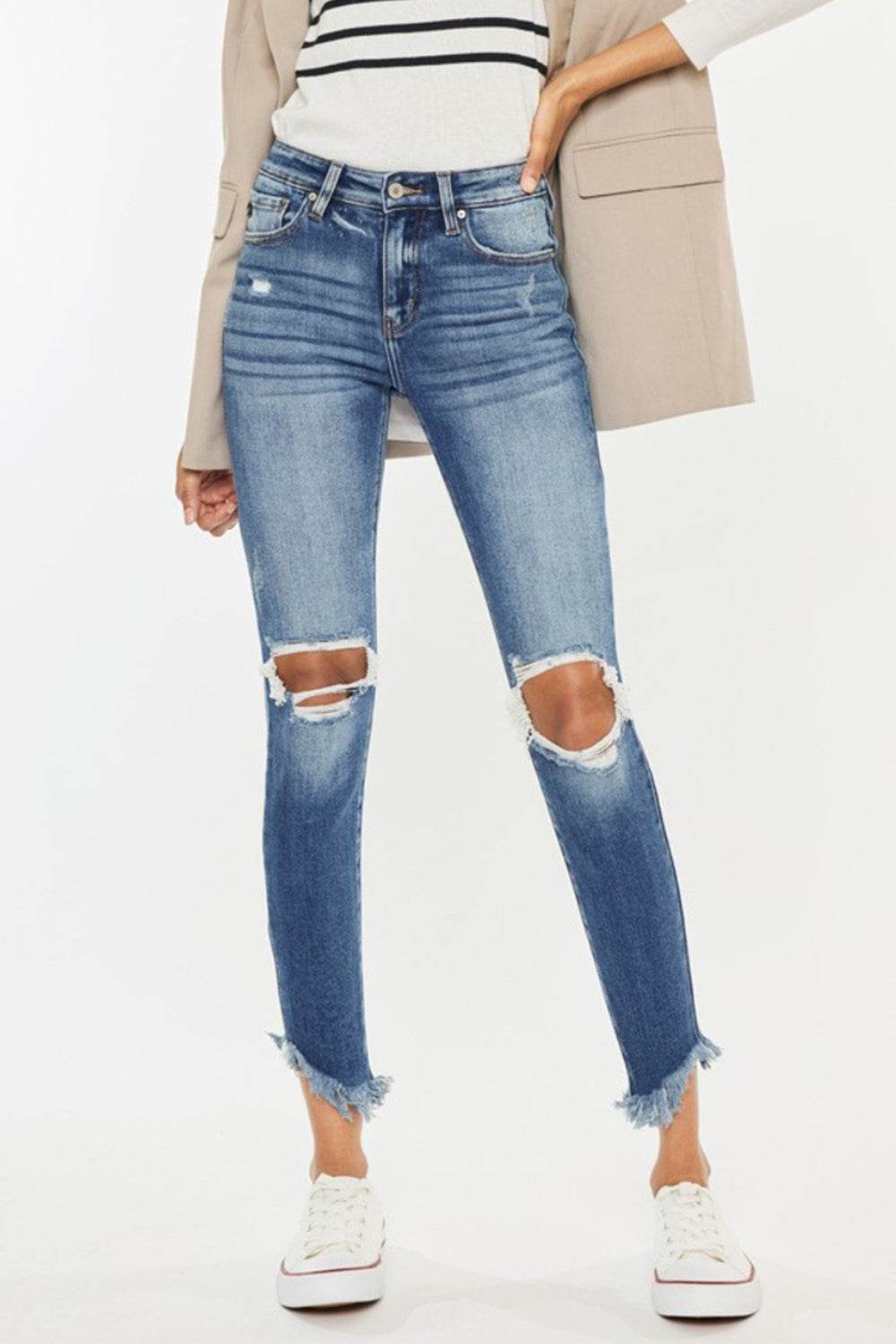 Kancan High Waist Distressed Raw Hem Ankle Skinny Jeans - DaTrendStore.Com