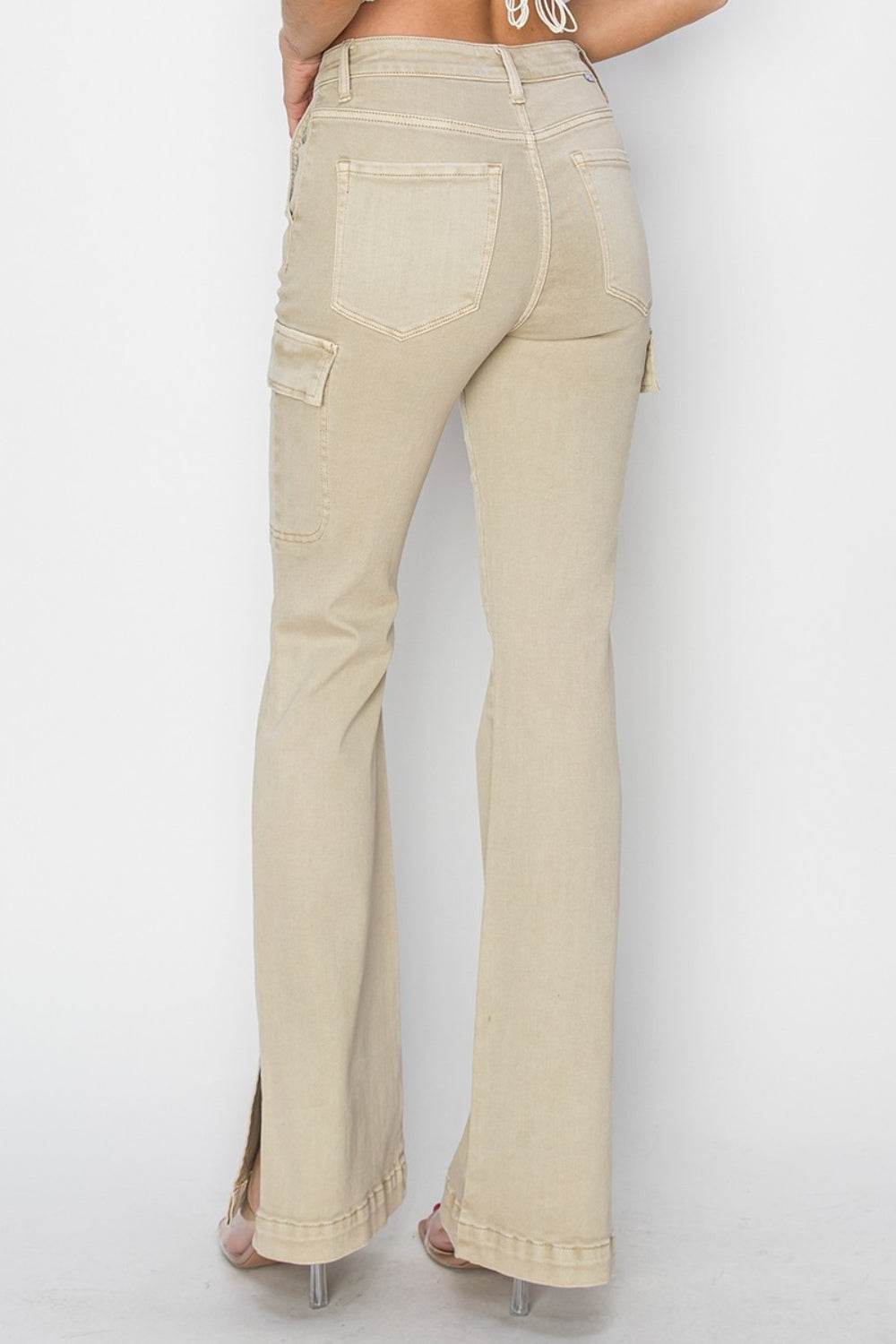 RISEN Full Size High Rise Side Slit Cargo Bootcut Jeans - DaTrendStore.Com