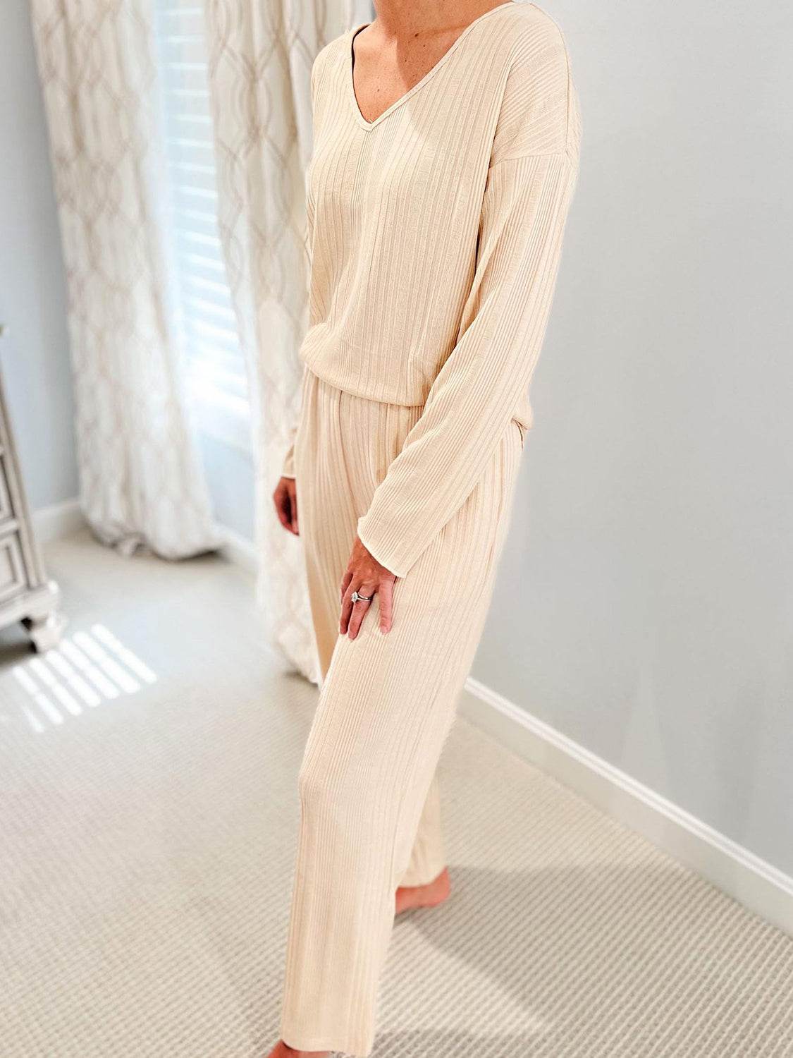 V-Neck Long Sleeve Top and Pants Set - DaTrendStore.Com