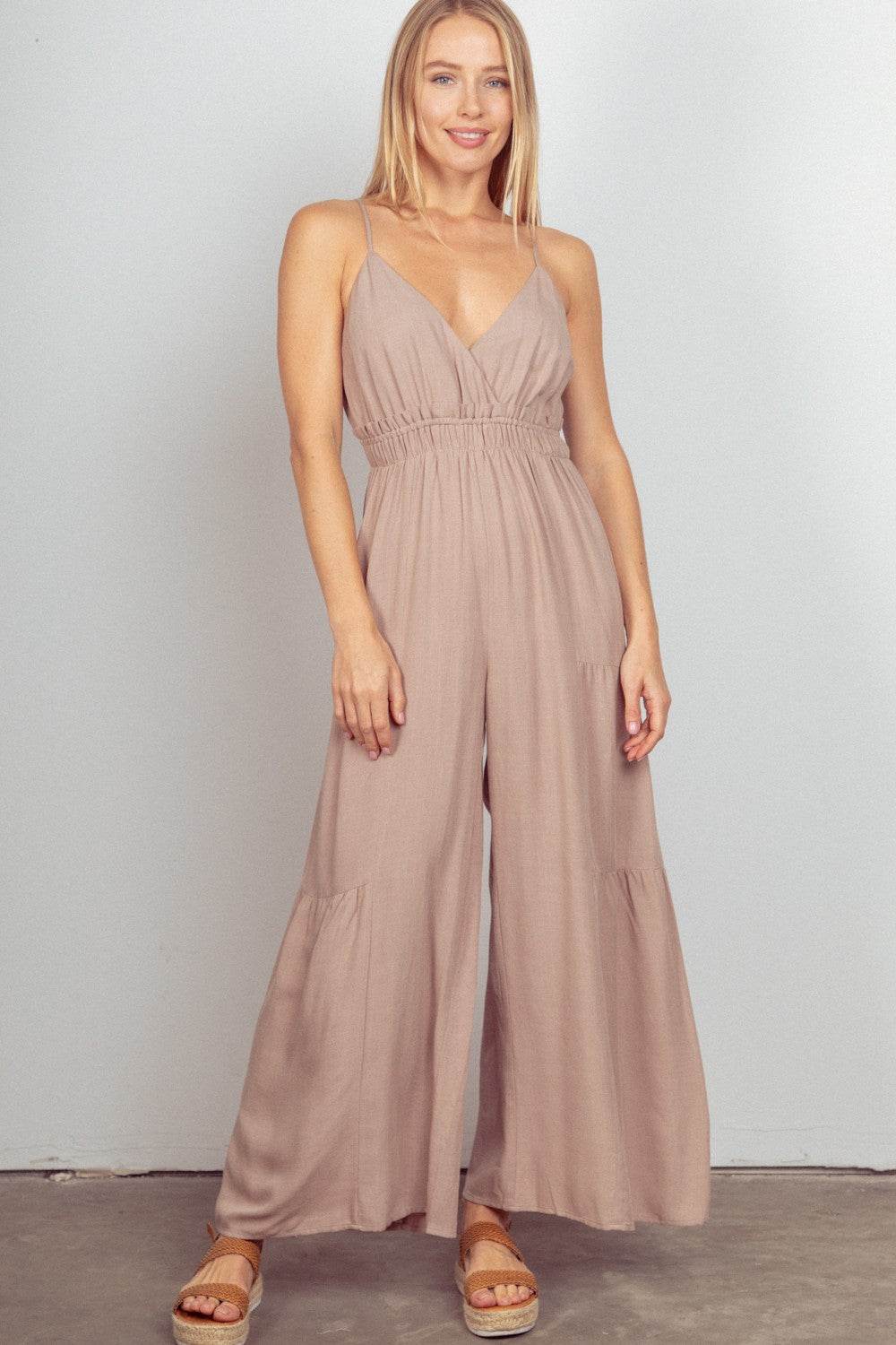 VERY J Sleeveless Ruched Wide Leg Jumpsuit - DaTrendStore.Com