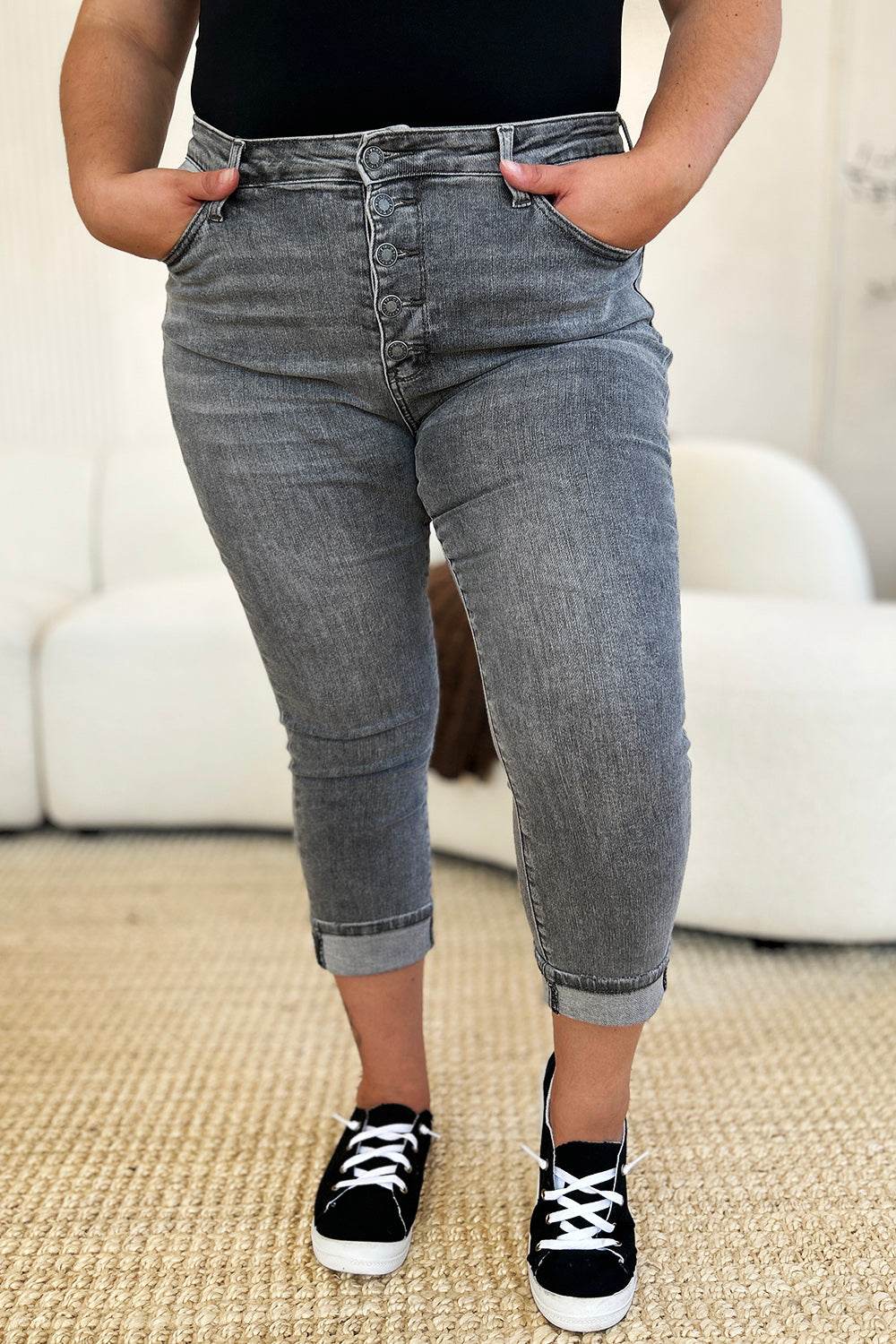 Judy Blue Full Size Button Fly High Waist Cuffed Capris - DaTrendStore.Com