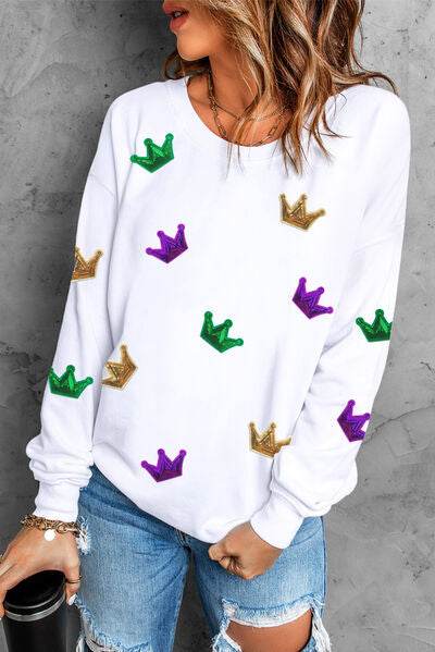 Crown Sequin Round Neck Sweatshirt - DaTrendStore.Com