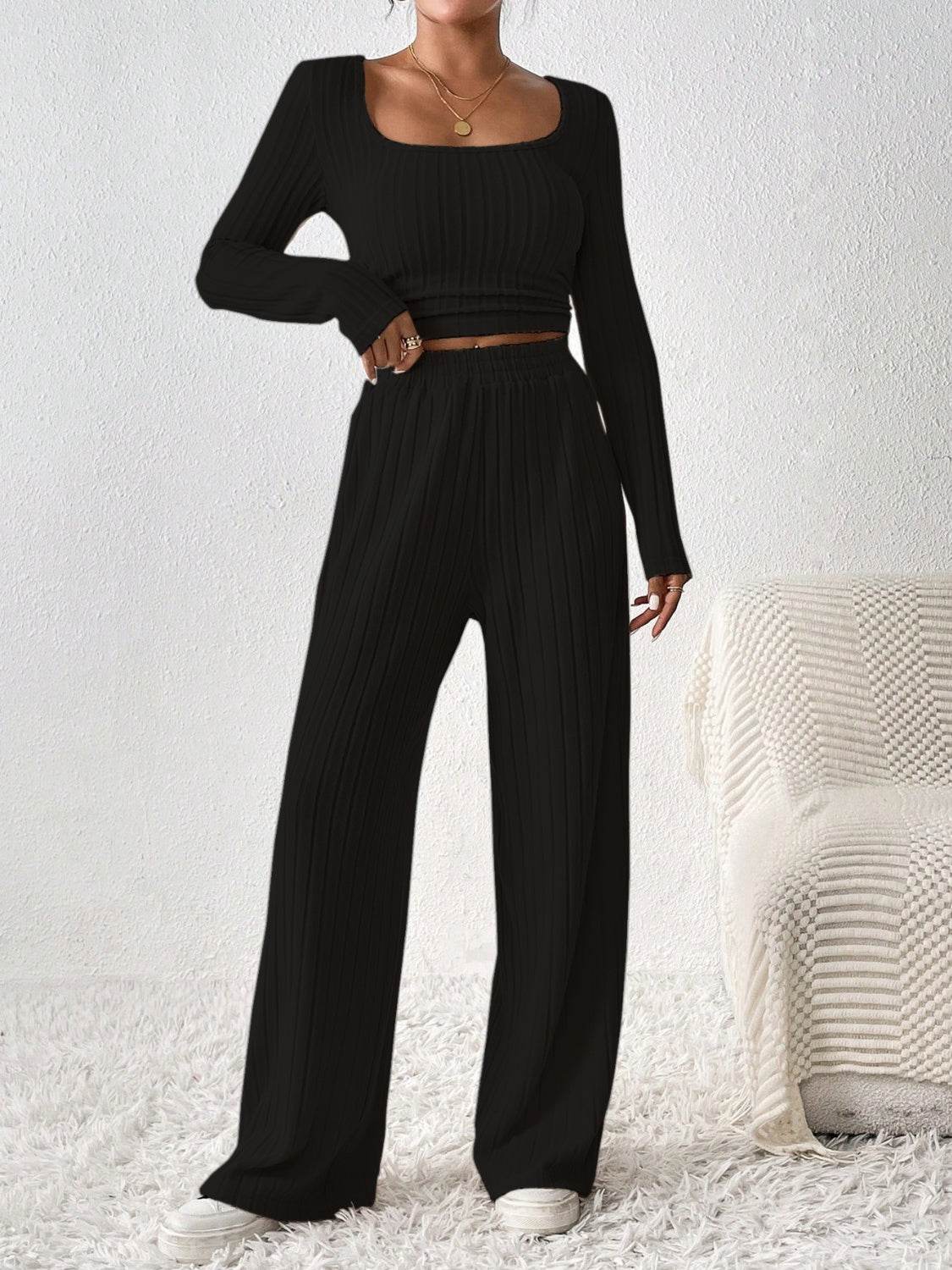 Honey Scoop Neck Long Sleeve Top and Pants Set - DaTrendStore.Com