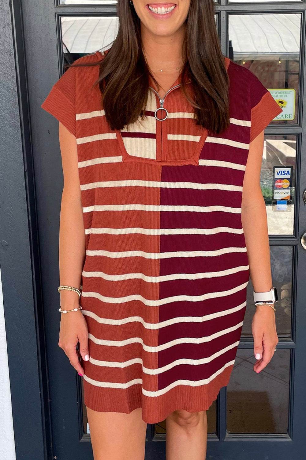 Striped Quarter Zip Cap Sleeve Sweater Dress - DaTrendStore.Com