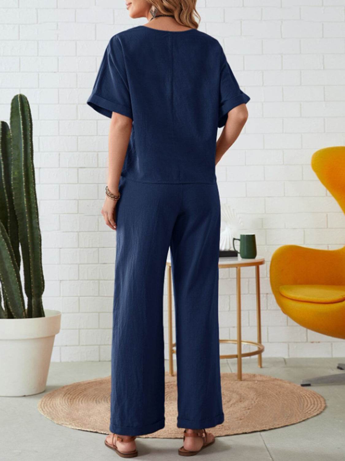 Round Neck Half Sleeve Top and Pocketed Pants Set - DaTrendStore.Com