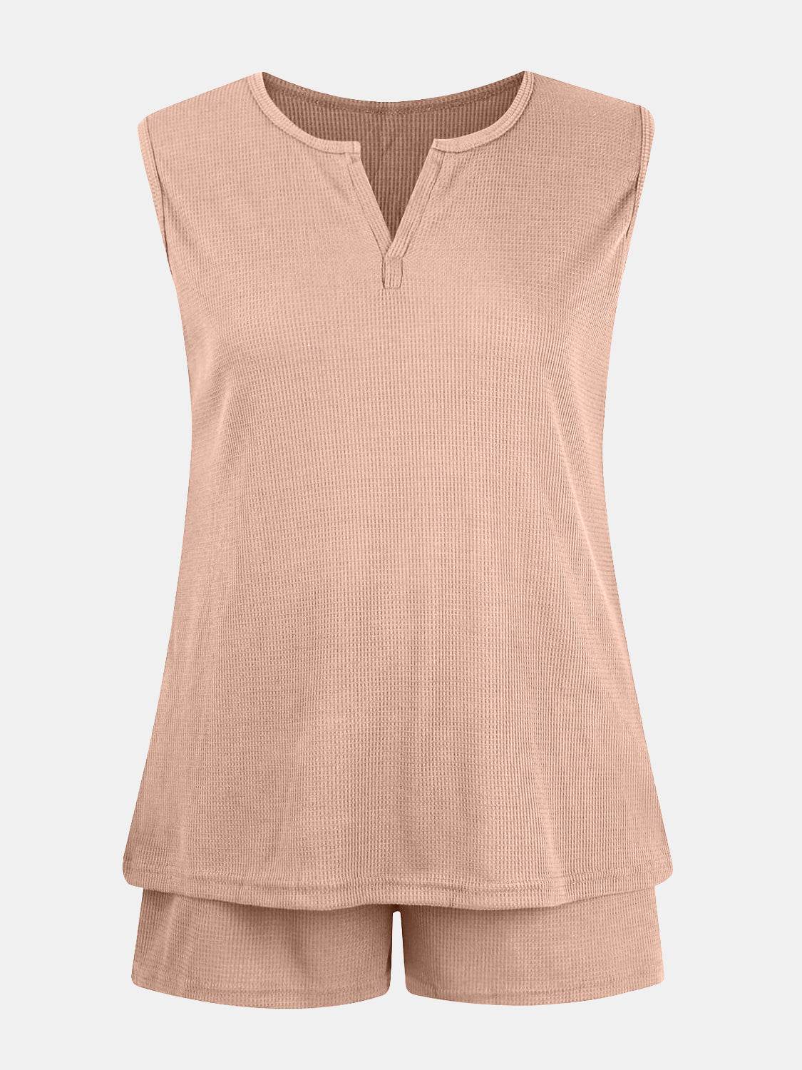 Full Size Waffle-Knit Notched Top and Shorts Set - DaTrendStore.Com