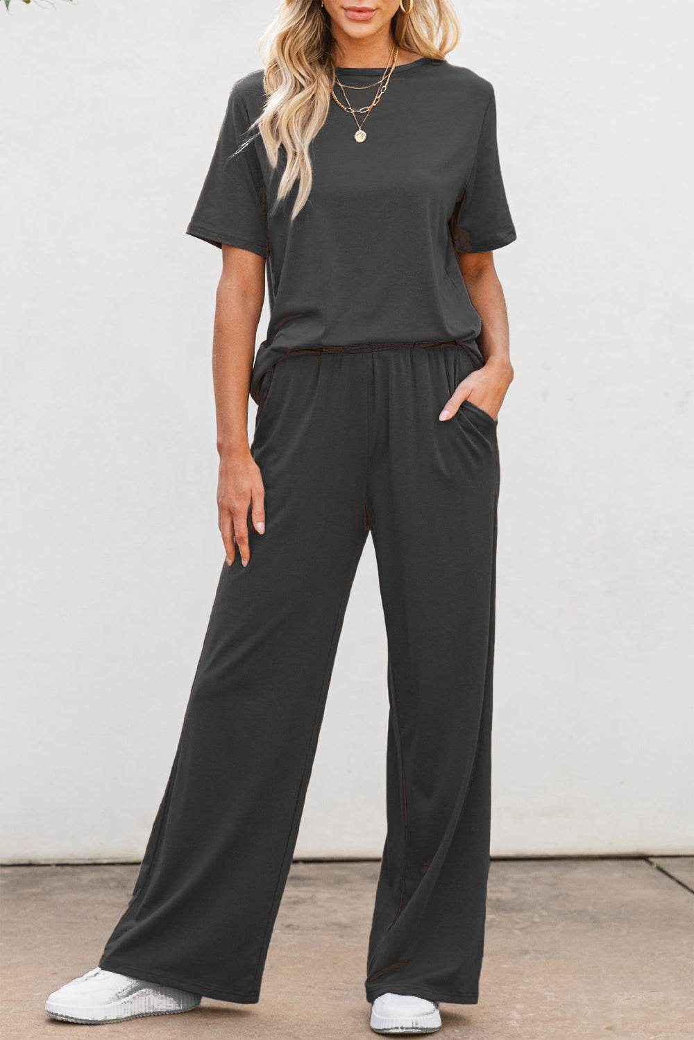 Round Neck Short Sleeve Top and Pants Set - DaTrendStore.Com