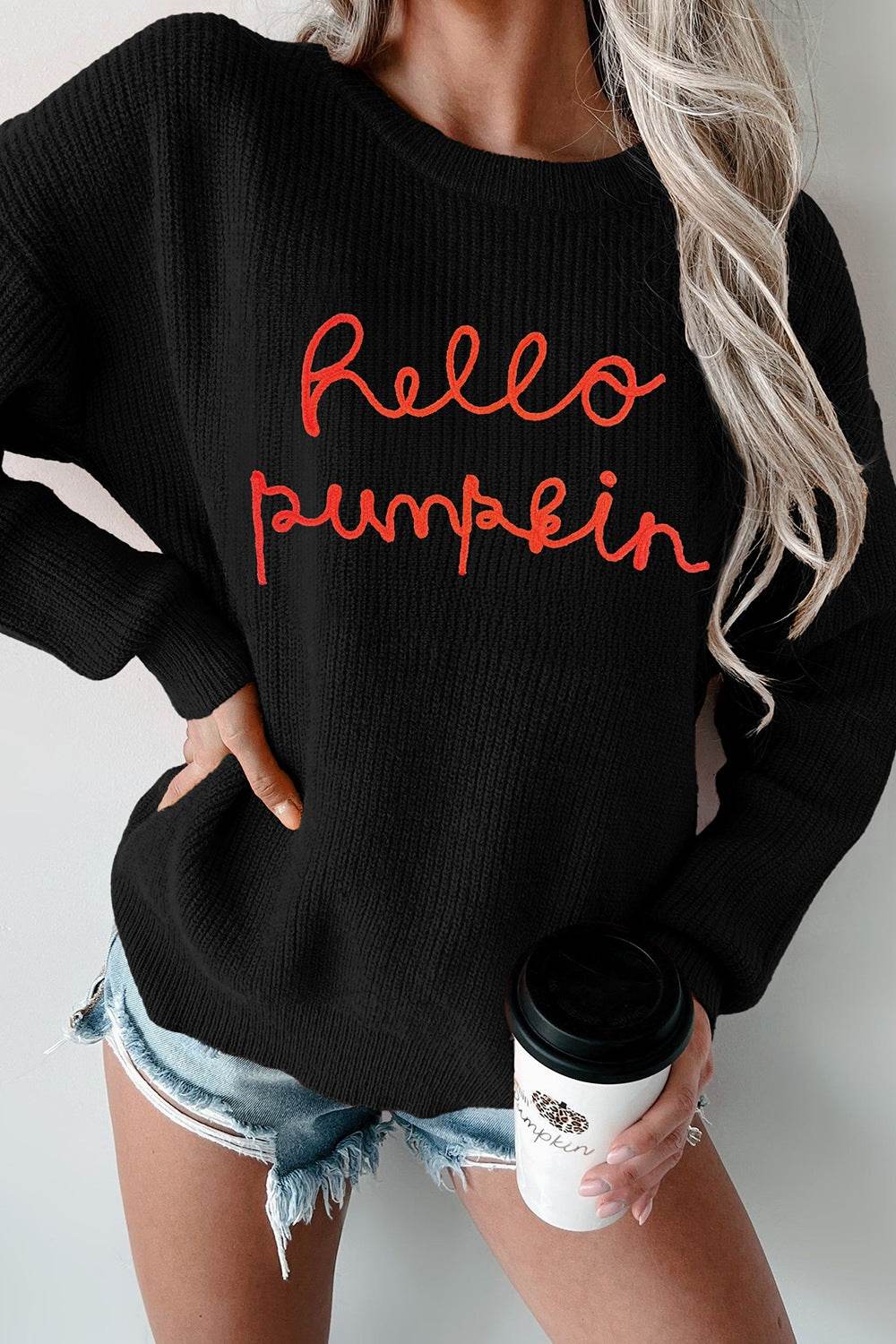 HELLO PUMPKIN Round Neck Long Sleeve Sweater - DaTrendStore.Com