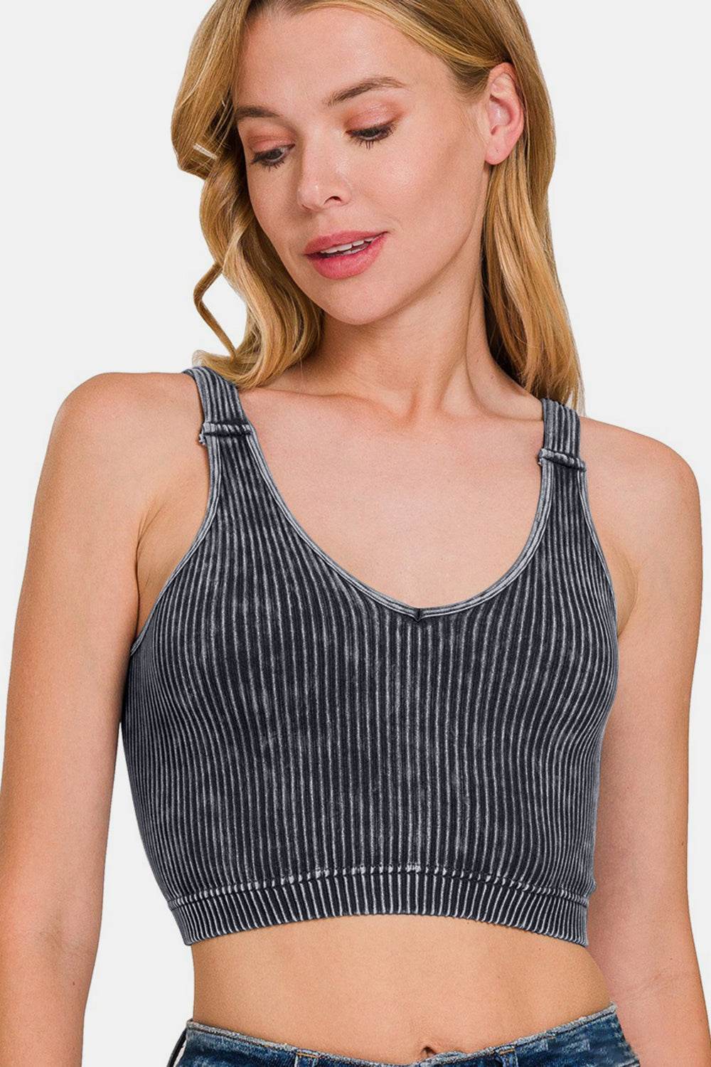 Zenana Washed Ribbed Cropped V-Neck Tank - DaTrendStore.Com