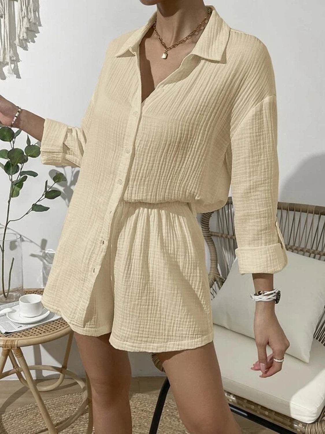 Dropped Shoulder Button Up Top and Elastic Waist Shorts Set - DaTrendStore.Com