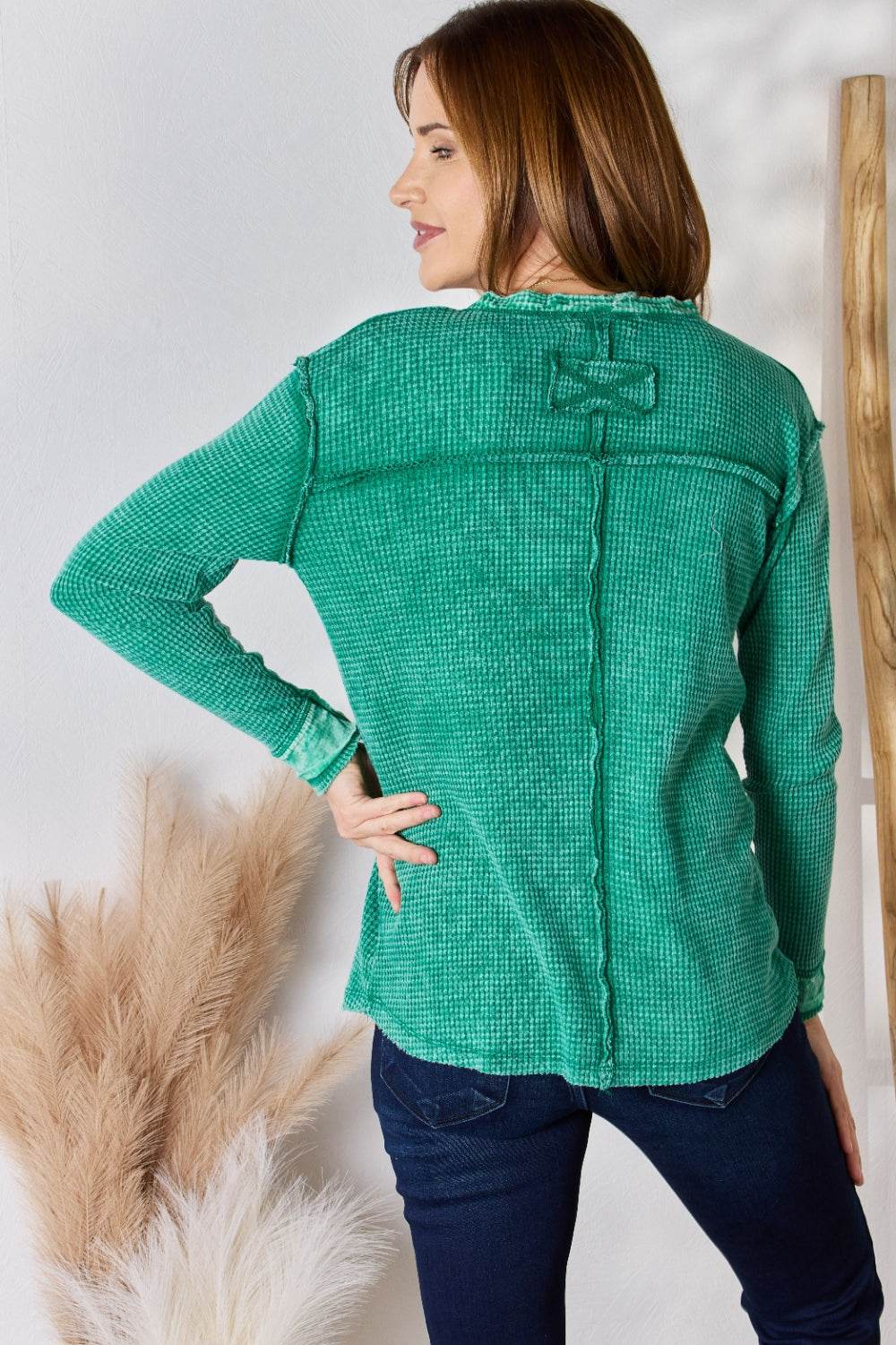 Zenana Washed Half Button Exposed Seam Waffle Top - DaTrendStore.Com