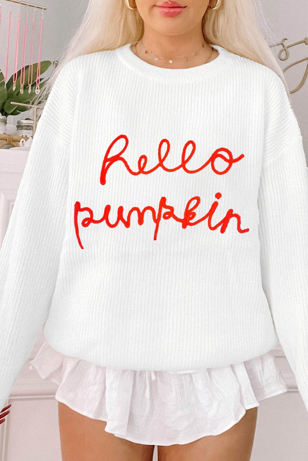 HELLO PUMPKIN Round Neck Long Sleeve Sweater - DaTrendStore.Com