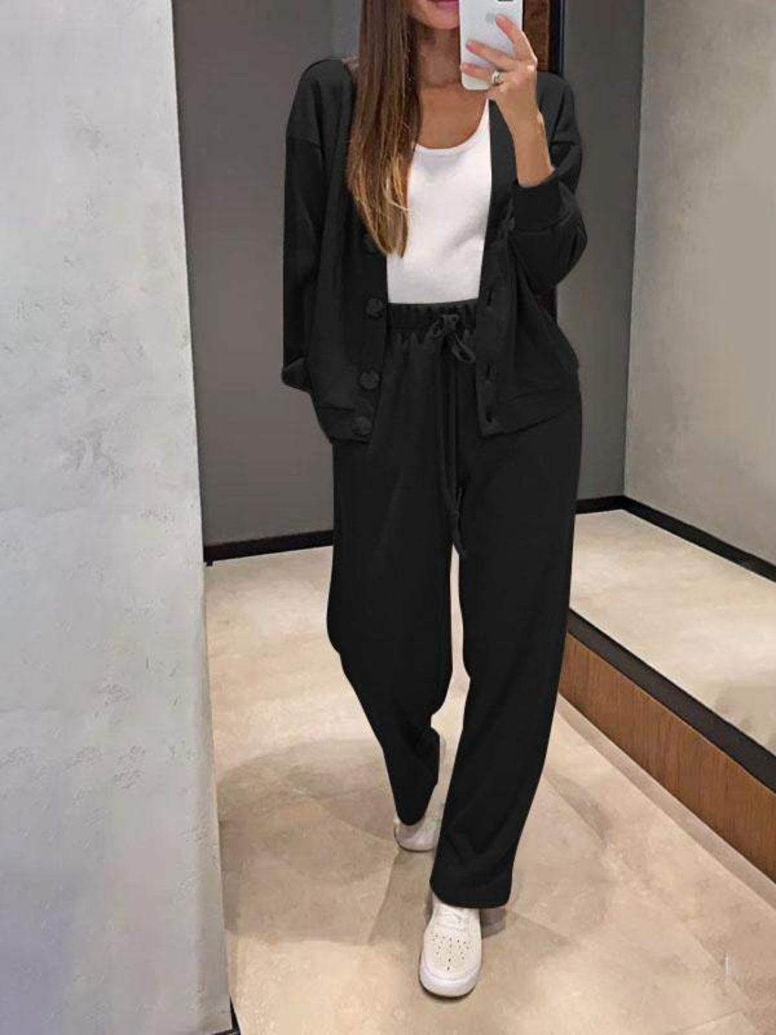 Full Size Button Up Long Sleeve Top and Pants Set - DaTrendStore.Com