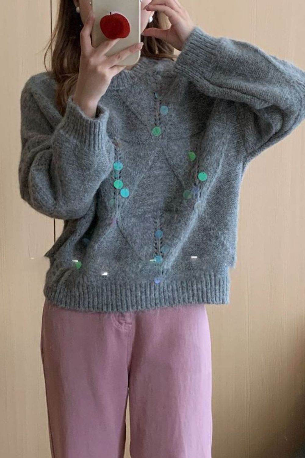 Sequin Round Neck Long Sleeve Sweater - DaTrendStore.Com