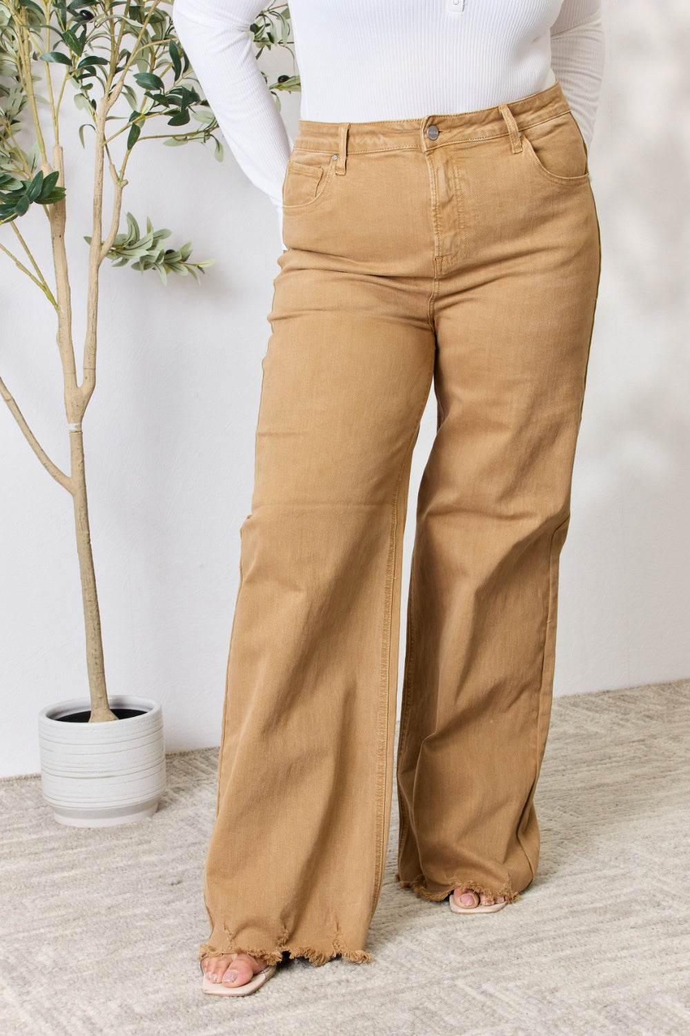 RISEN Full Size Fringe Hem Wide Leg Jeans - DaTrendStore.Com