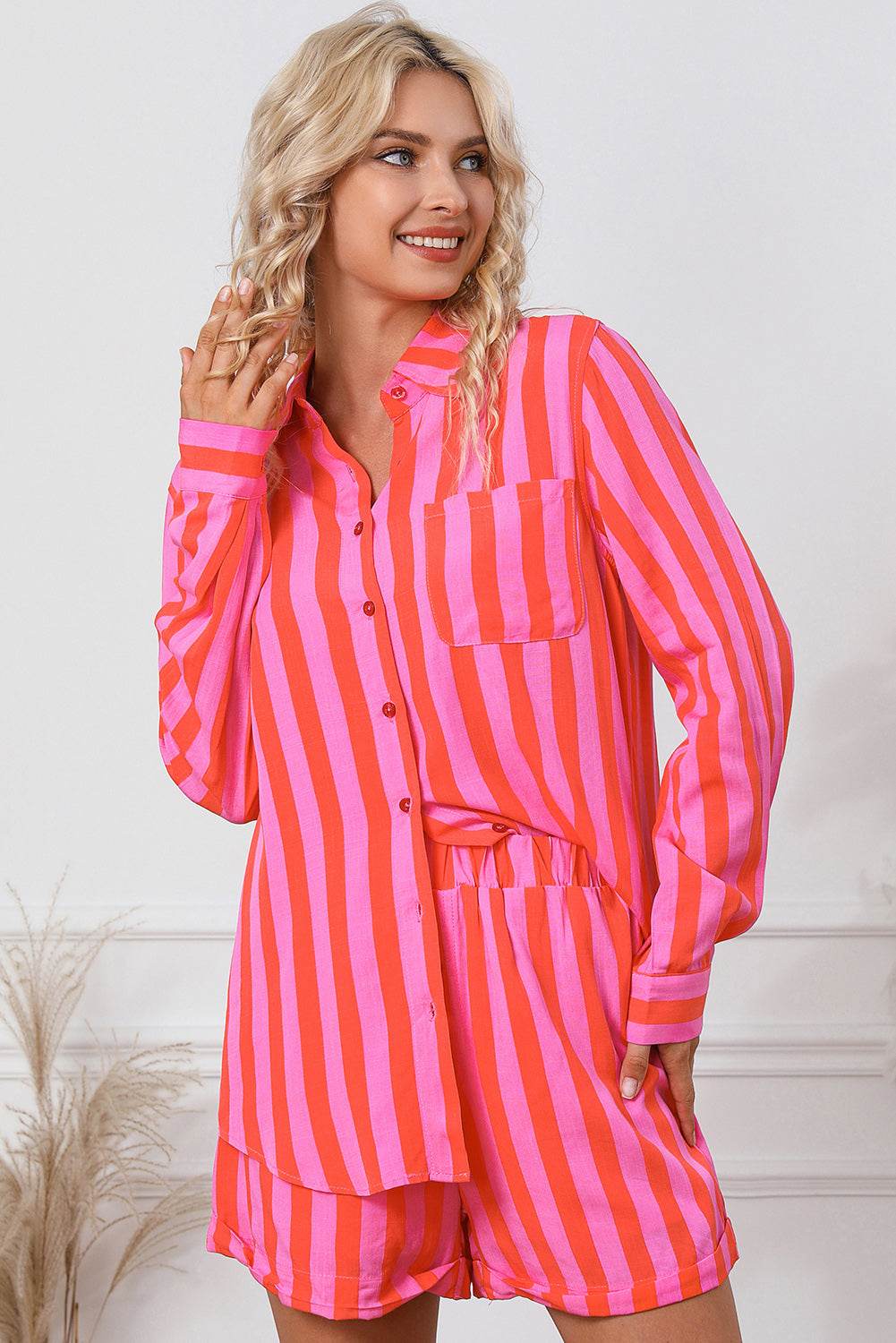 Striped Pocketed Button Up Shirt and Shorts Set - DaTrendStore.Com