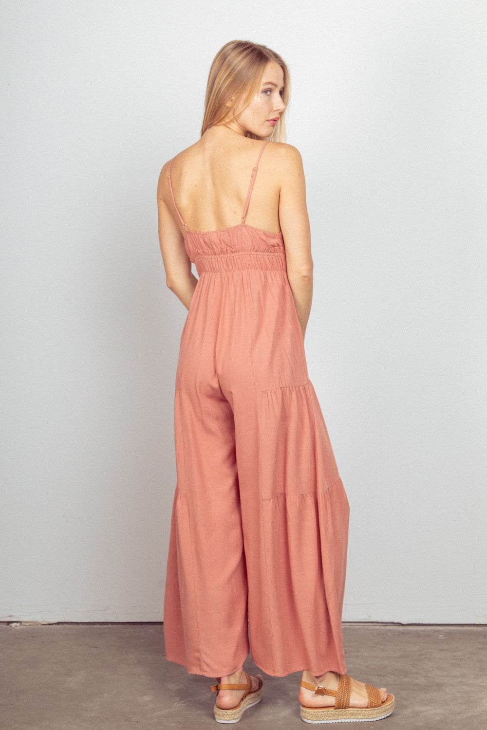 VERY J Sleeveless Ruched Wide Leg Jumpsuit - DaTrendStore.Com