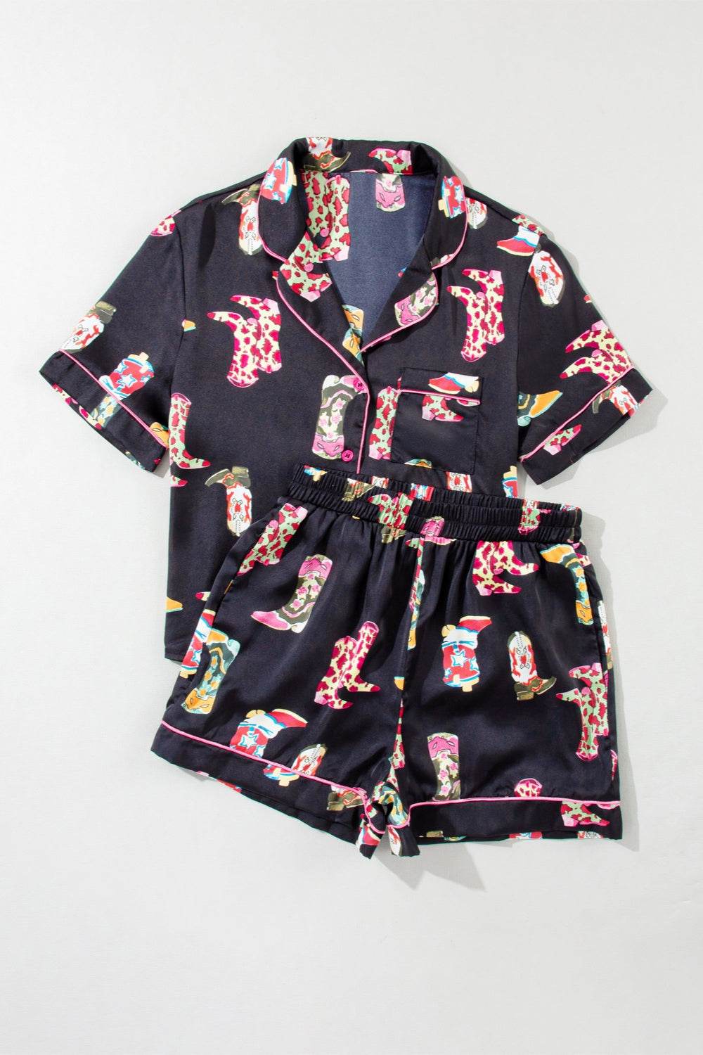 Printed Button Up Short Sleeve Top and Shorts Lounge Set - DaTrendStore.Com