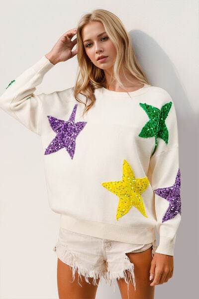 Double Take Sequin Star Round Neck Dropped Shoulder Sweater - DaTrendStore.Com