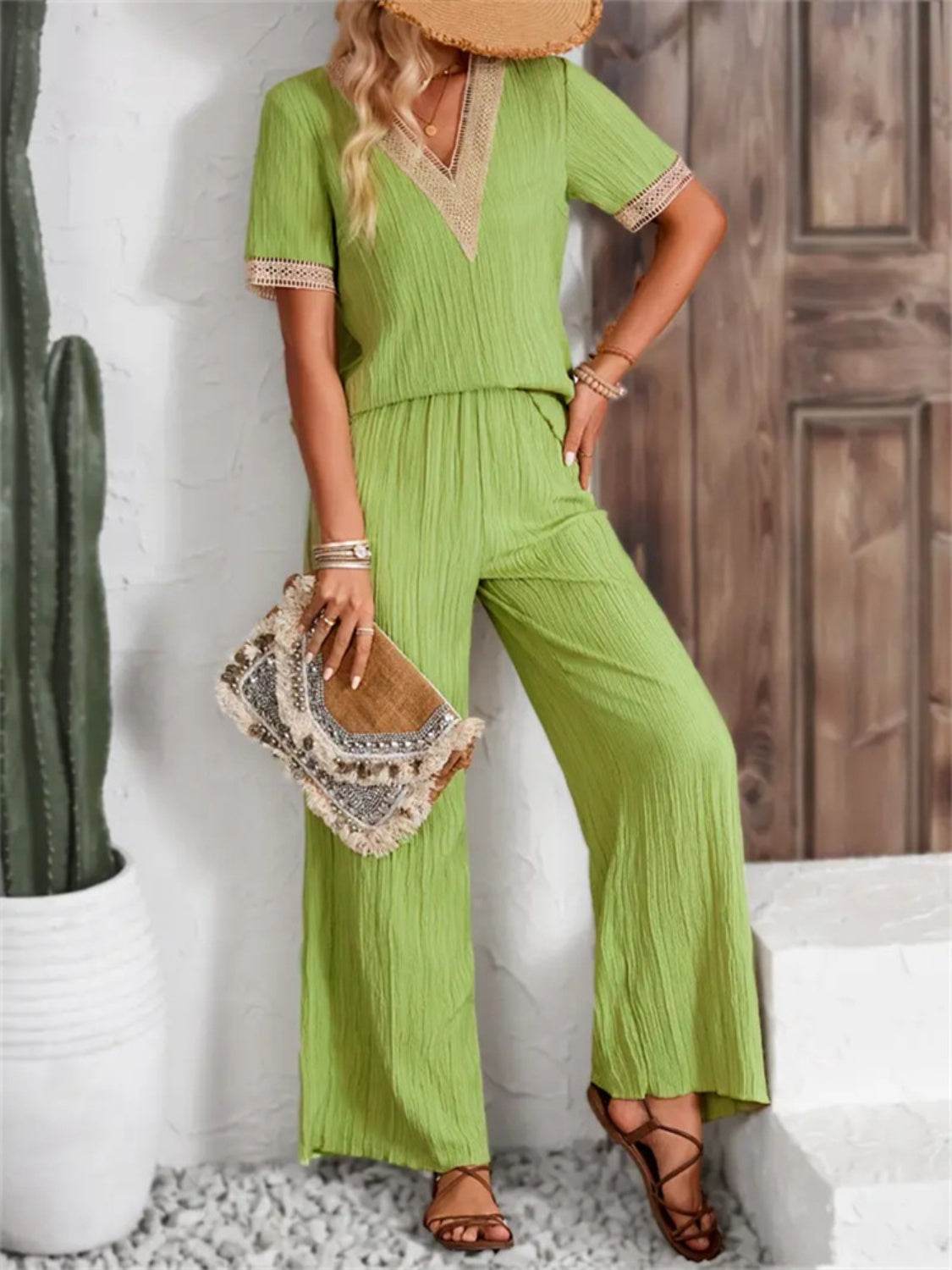 V-Neck Short Sleeve Top and Pants Set - DaTrendStore.Com